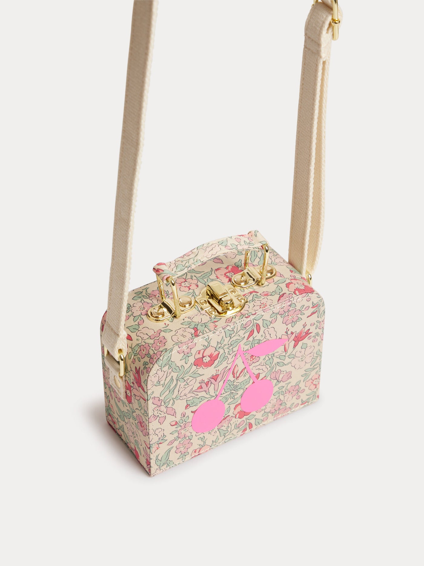 Aimane raspberry-colored suitcase bag in Liberty fabric with a cherry print in organic cotton