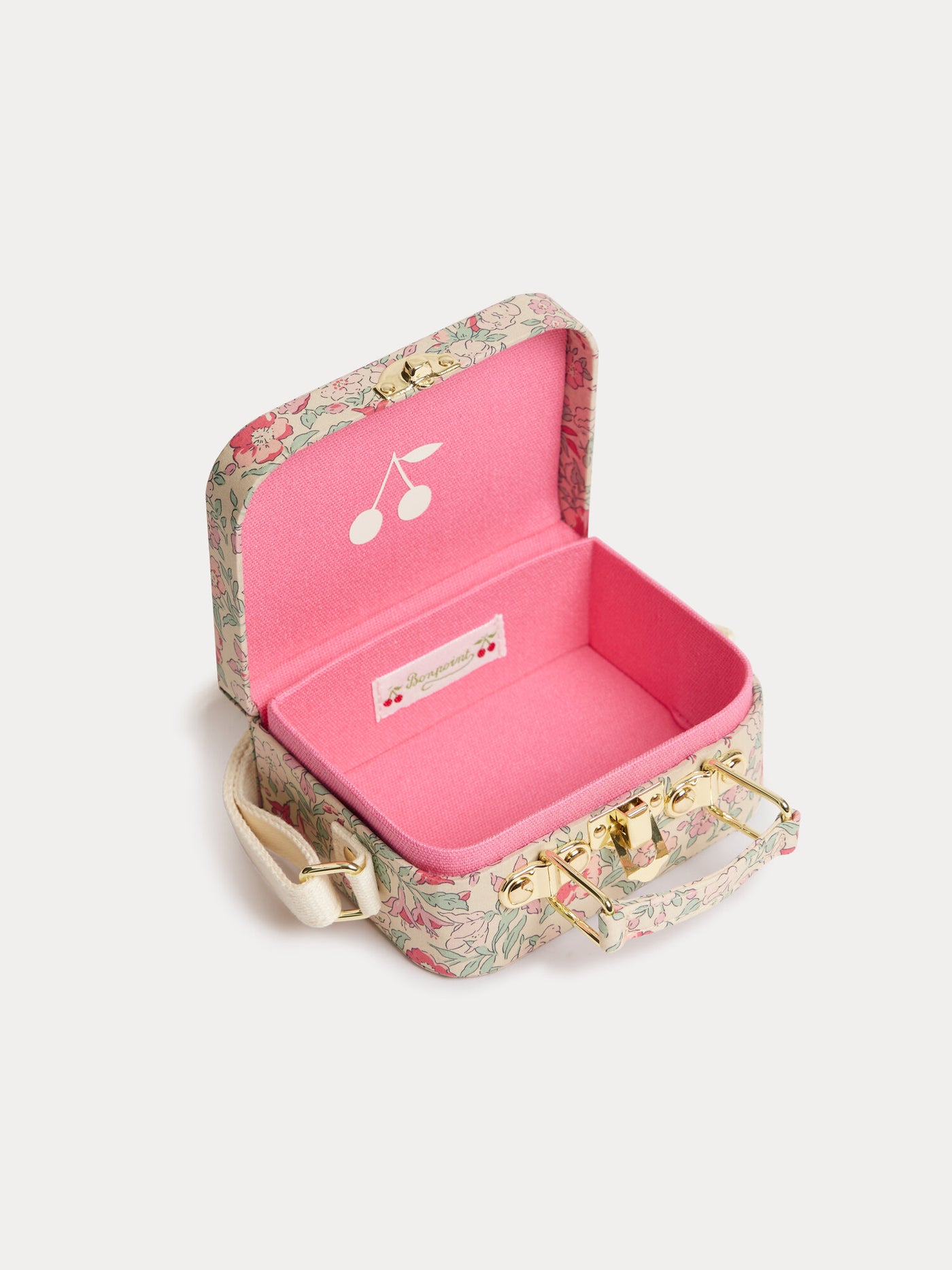 Aimane raspberry-colored suitcase bag in Liberty fabric with a cherry print in organic cotton