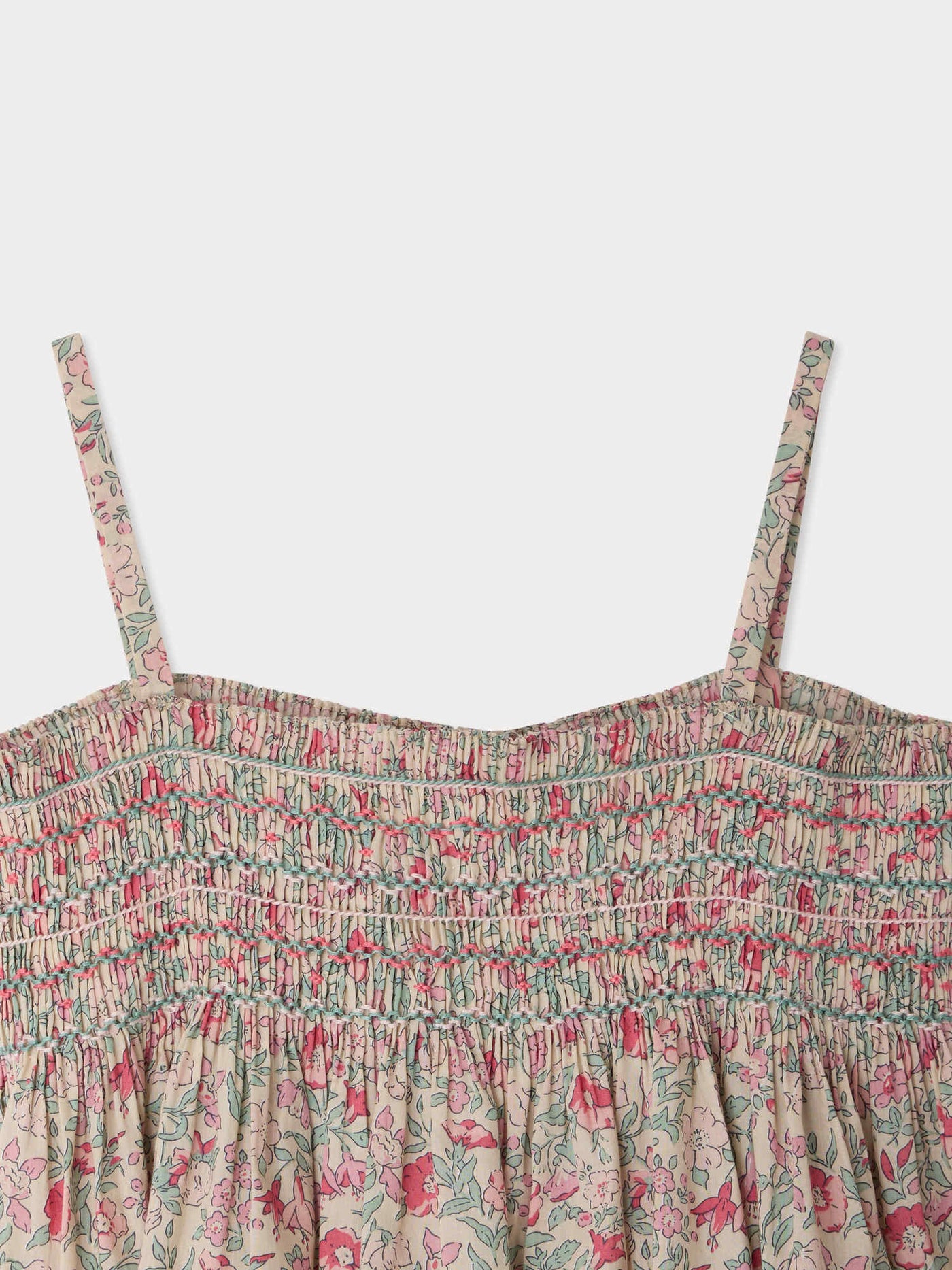 Apolline smocked and hand-embroidered strappy blouse in Liberty organic cotton fabric