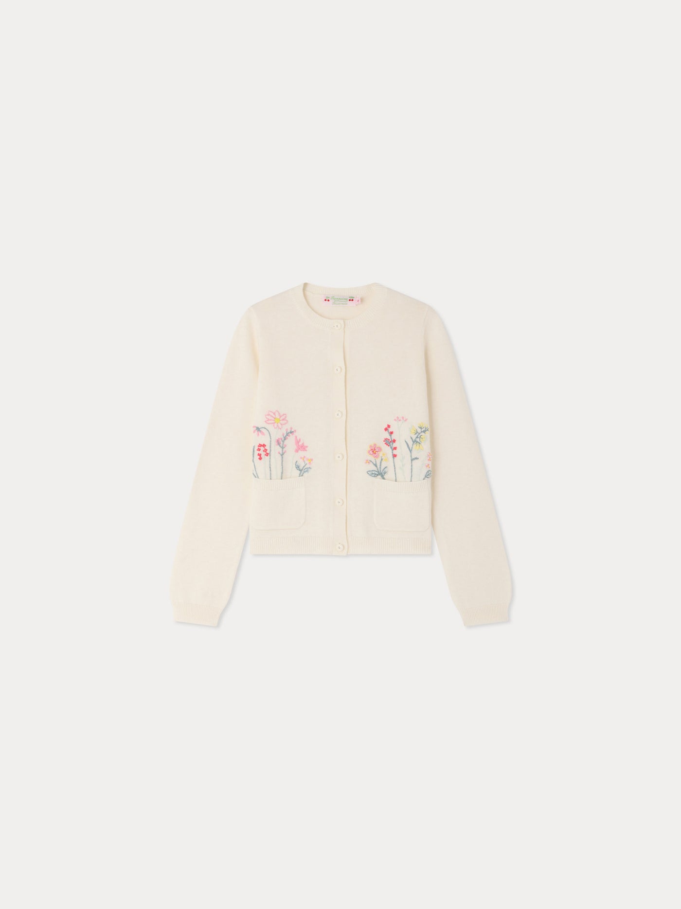 Lucila cardigan with round neck and hand-embroidered flowers in organic cotton and cashmere
