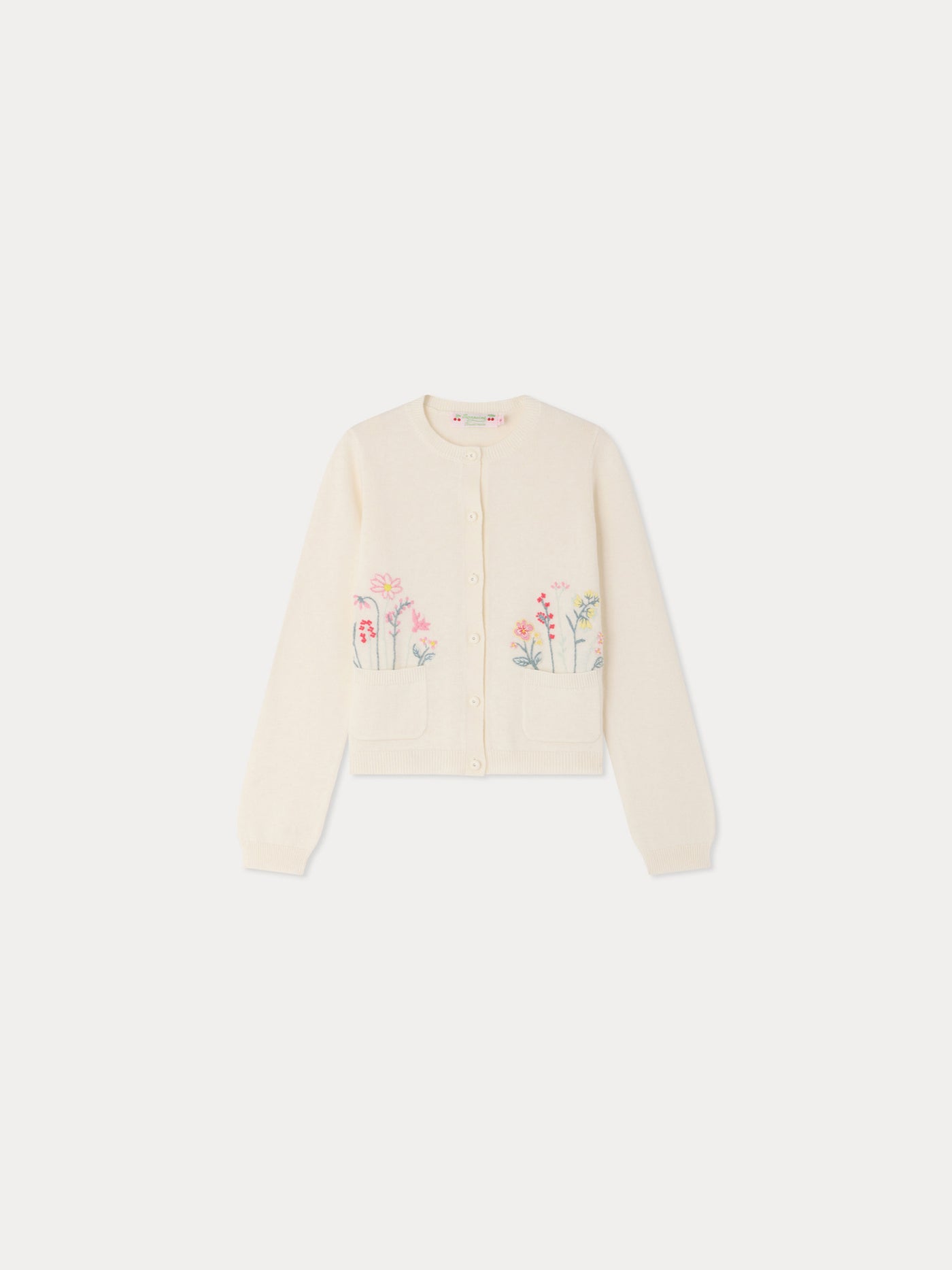 Lucila cardigan with round neck and hand-embroidered flowers in organic cotton and cashmere