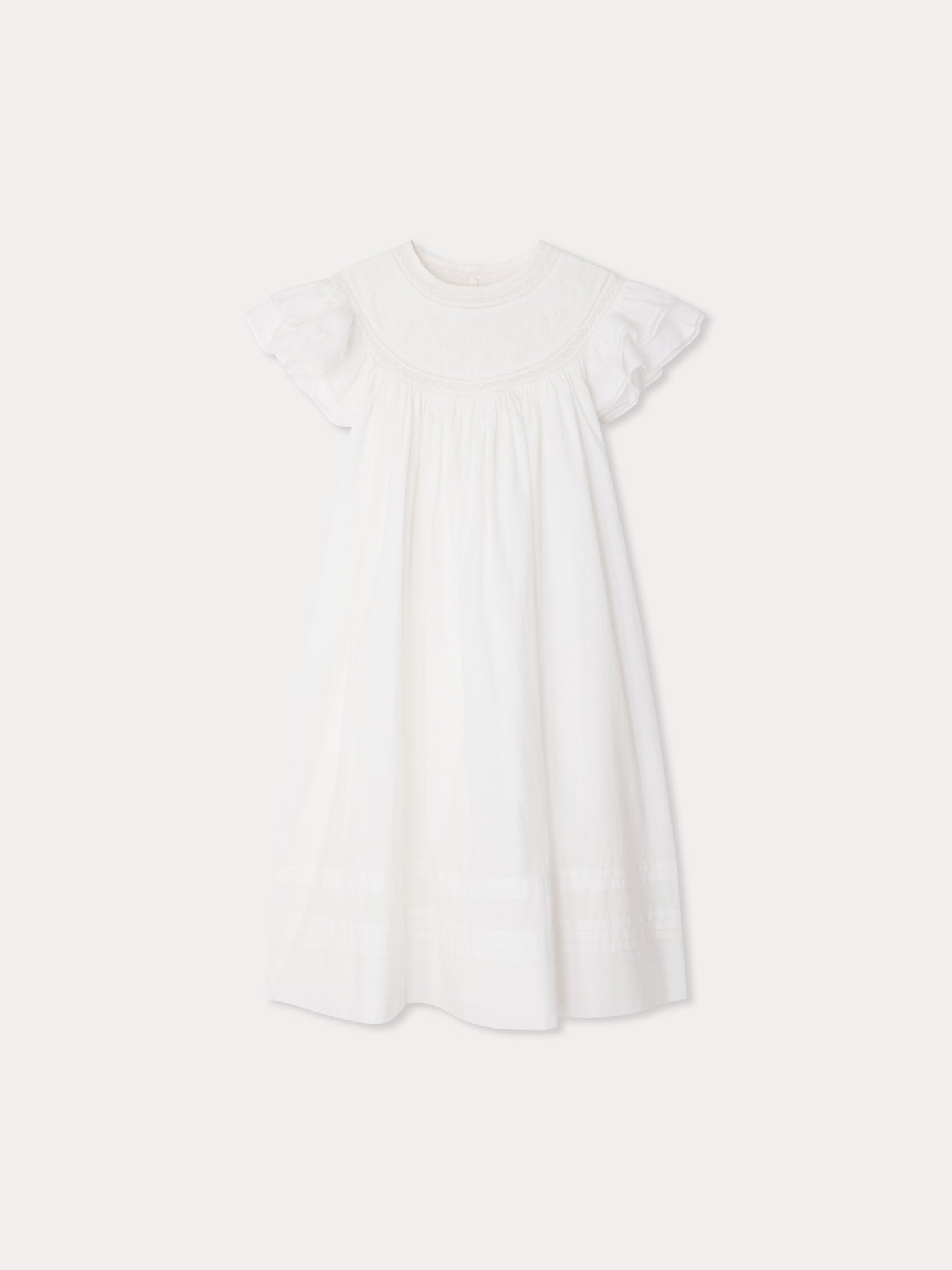 Leocardie dress hand-embroidered in organic cotton voile and Calais lace