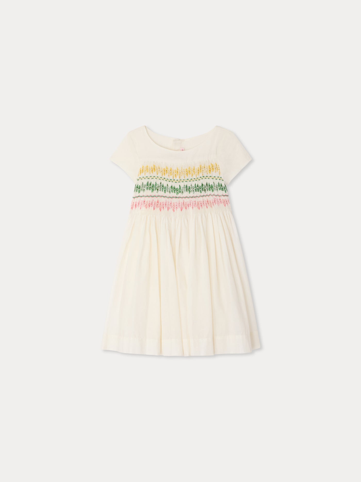 Tie-dye smocked and hand-embroidered Duchesse dress in organic cotton