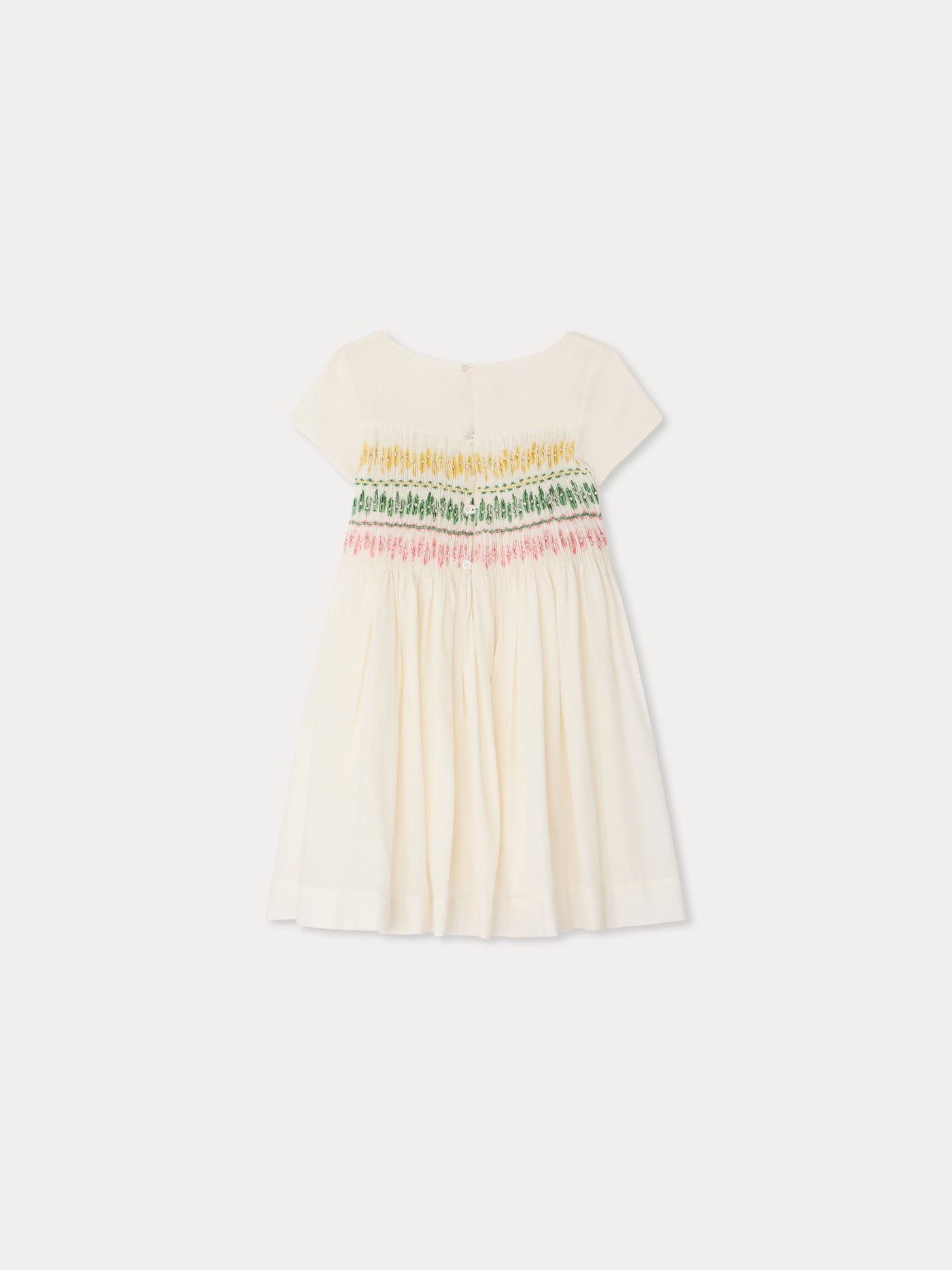 Tie-dye smocked and hand-embroidered Duchesse dress in organic cotton