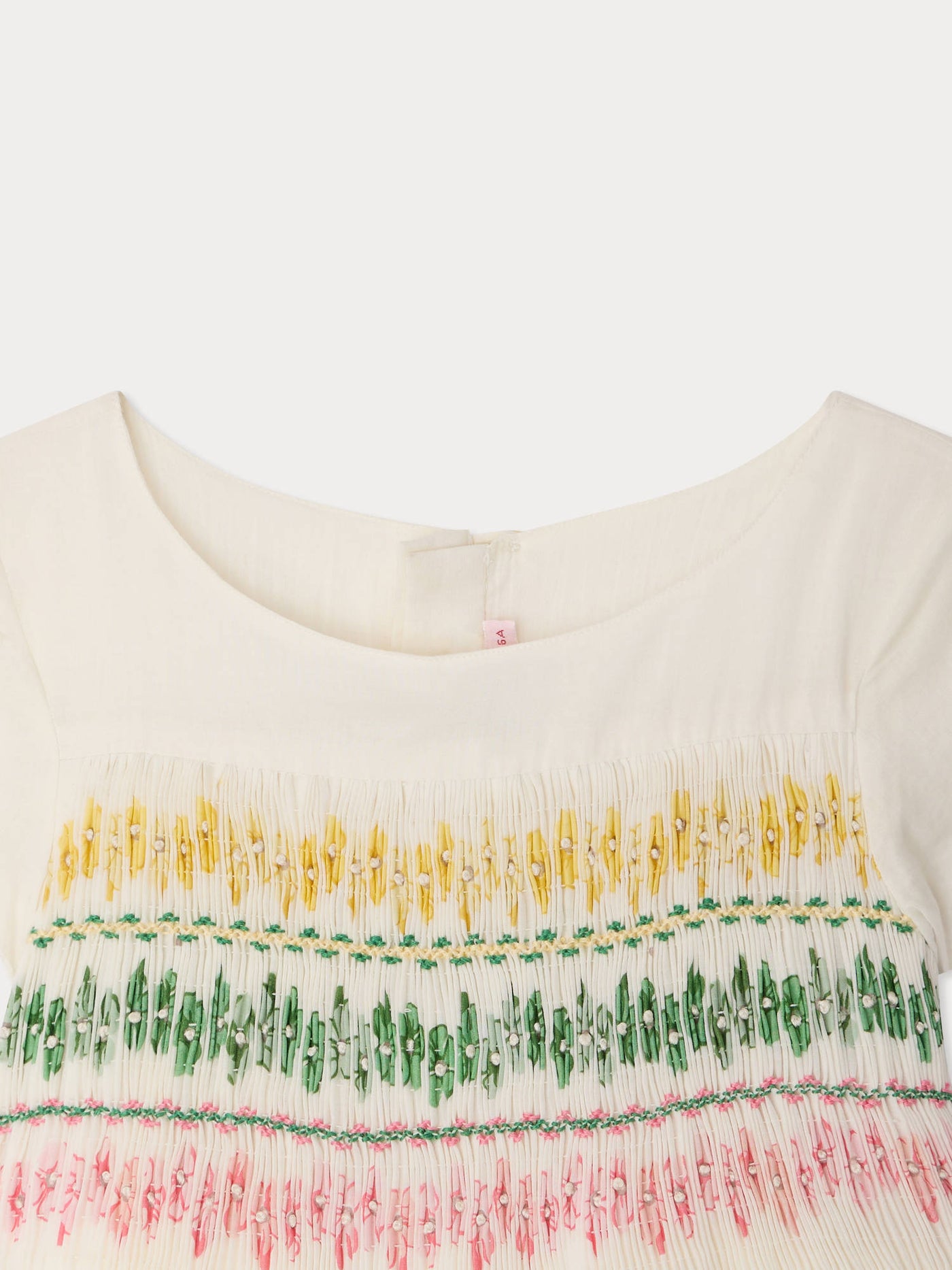 Tie-dye smocked and hand-embroidered Duchesse dress in organic cotton