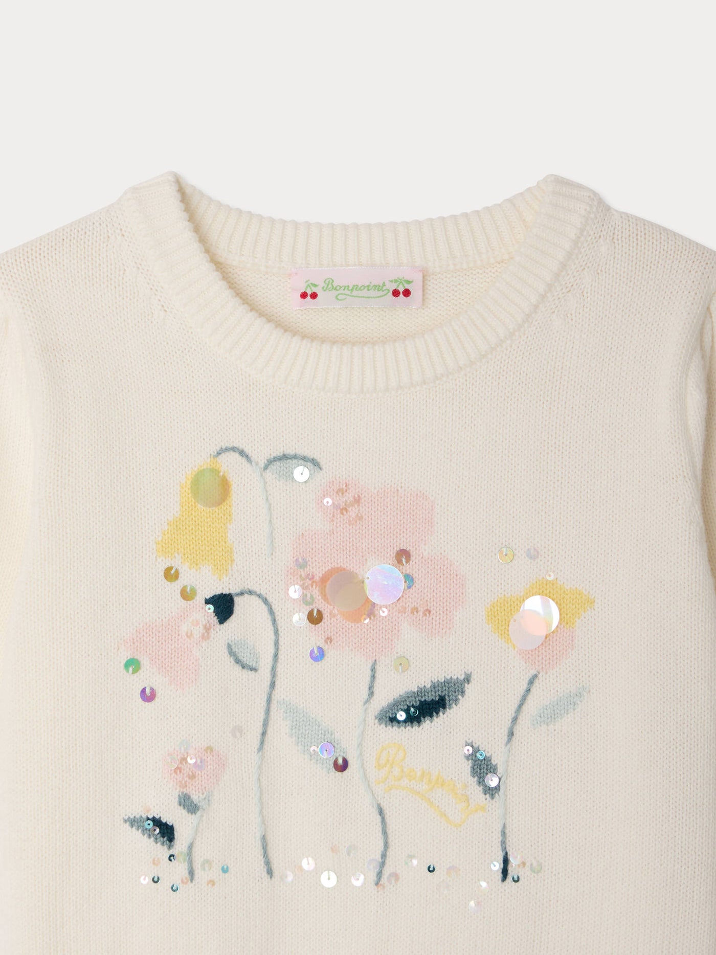 Elvira jacquard sweater with hand-embroidered flowers in organic cotton and cashmere
