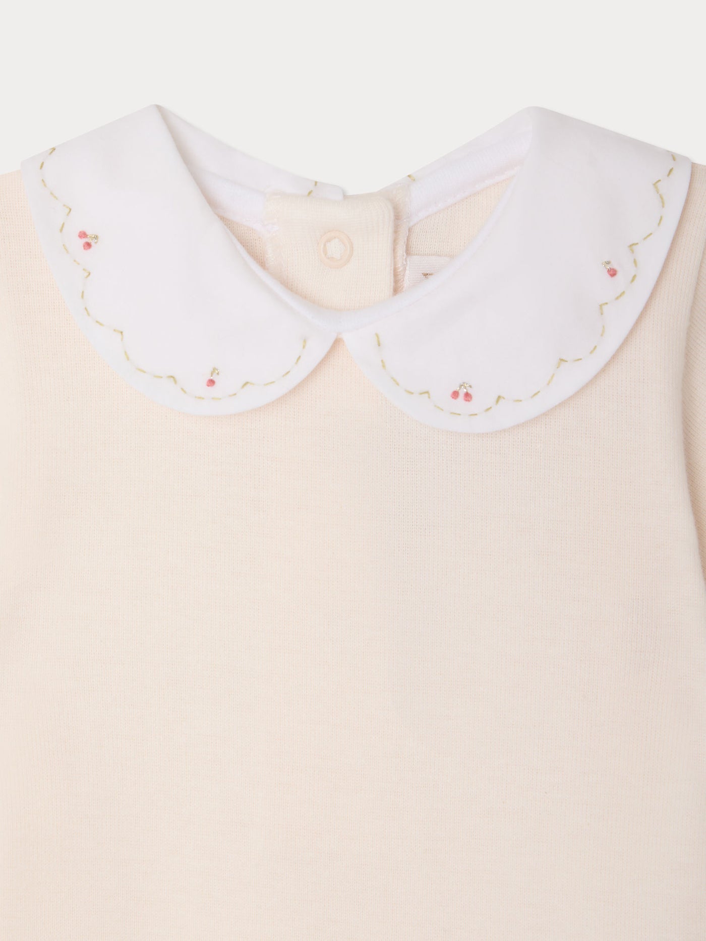 Cygne bodysuit with hand-embroidered cherries in organic cotton