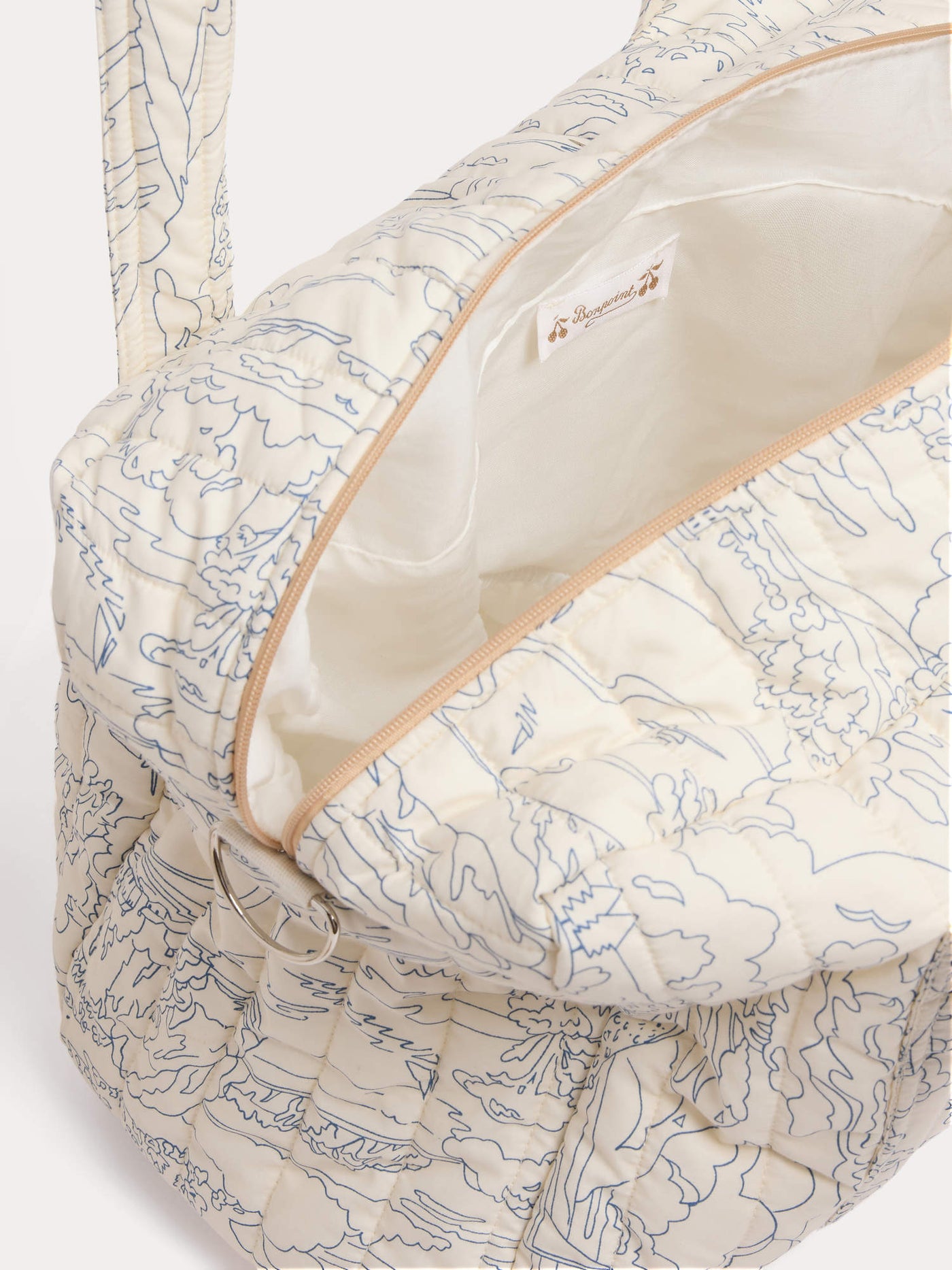 Quilted Piou blue changing bag in Liberty organic cotton fabric