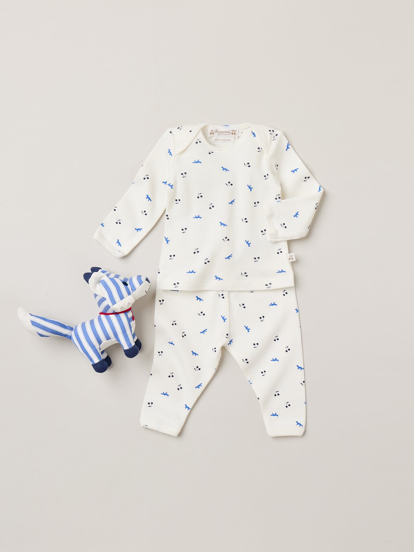 Bonpoint x Maison Kitsuné Timi set with fox and cherry print in organic cotton