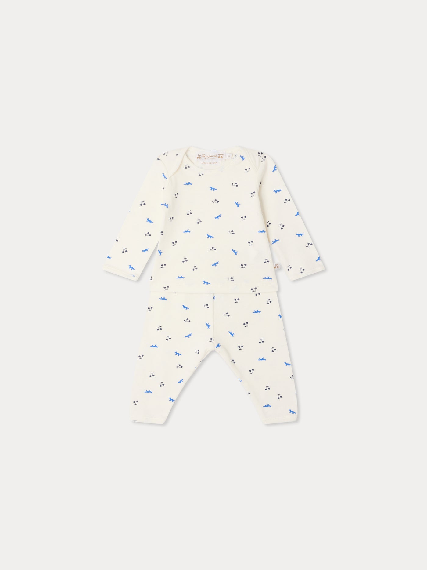 Bonpoint x Maison Kitsuné Timi set with fox and cherry print in organic cotton