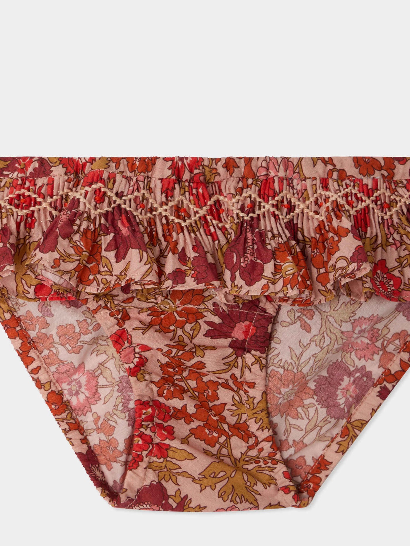 Sardaigne one-piece swimsuit with pink flowers smocked and hand-embroidered in Liberty fabric