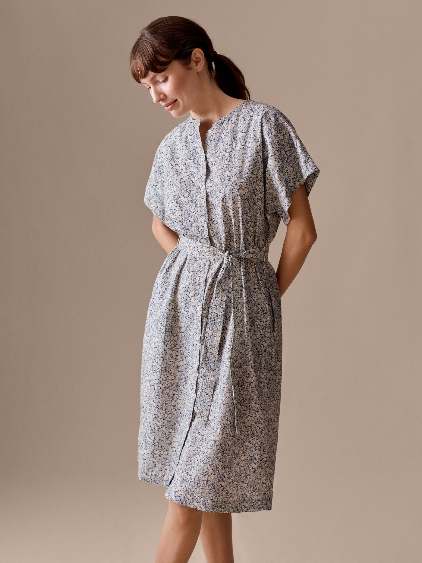 Leira dress with blue flowers in Liberty organic cotton fabric