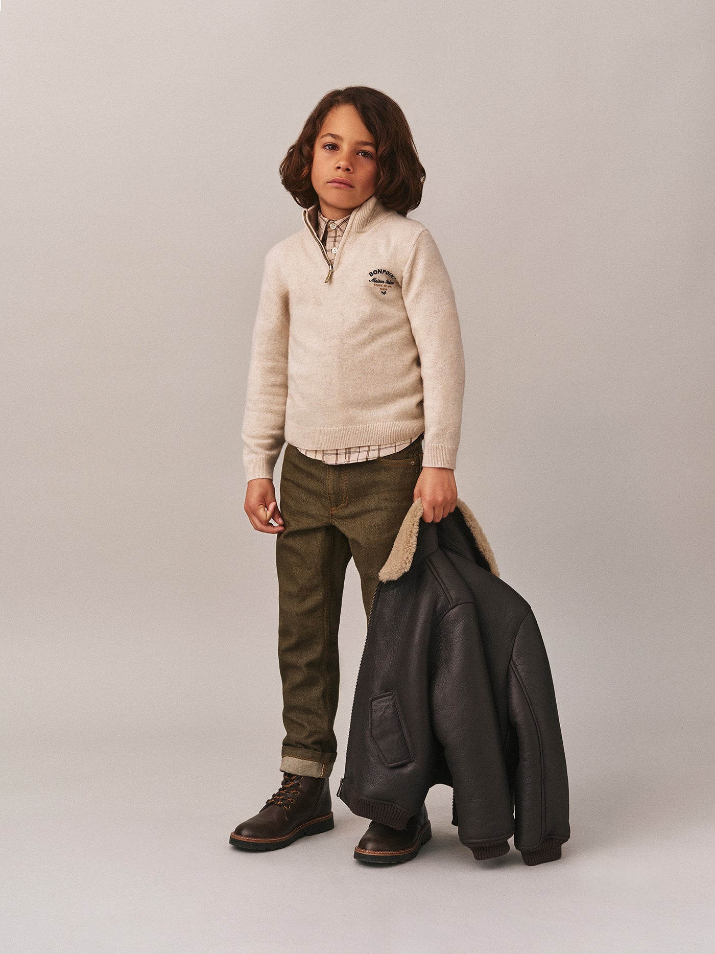 Gert cashmere sweater with trucker collar and Bonpoint embroidery