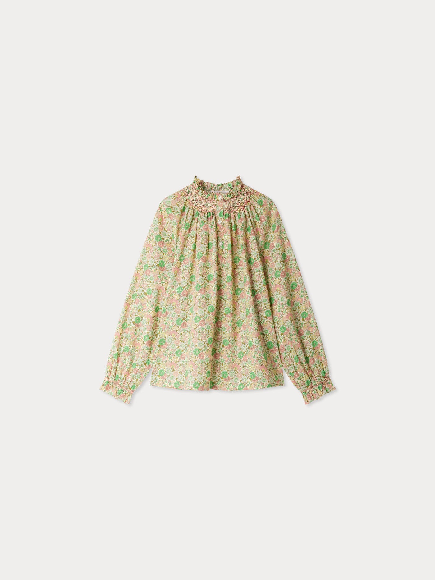 Petal blouse smocked and embroidered in Liberty fabric in organic cotton
