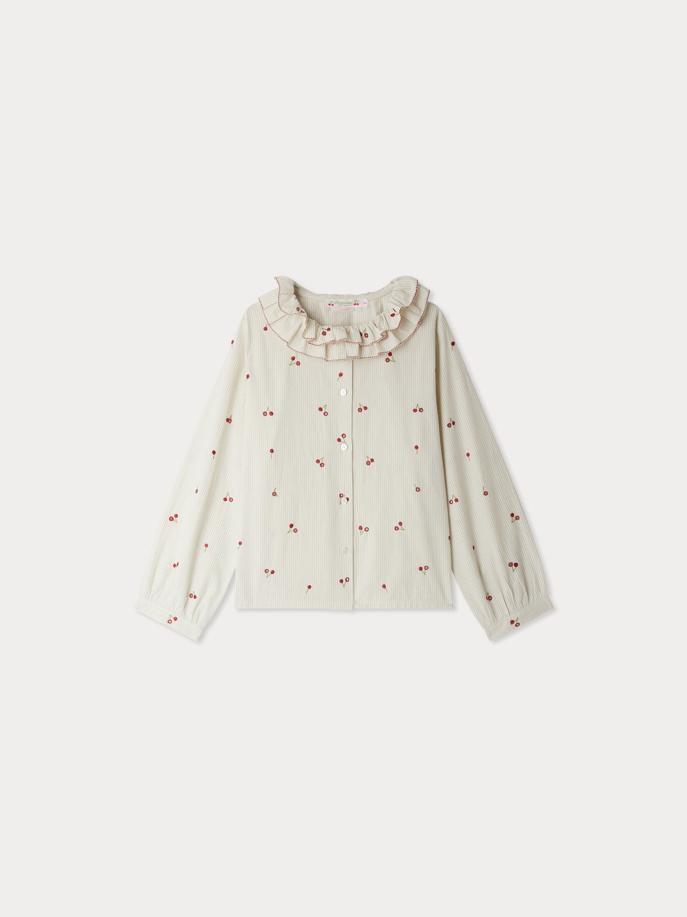 Jaffa blouse with ruffles in striped organic cotton with cherry embroidery