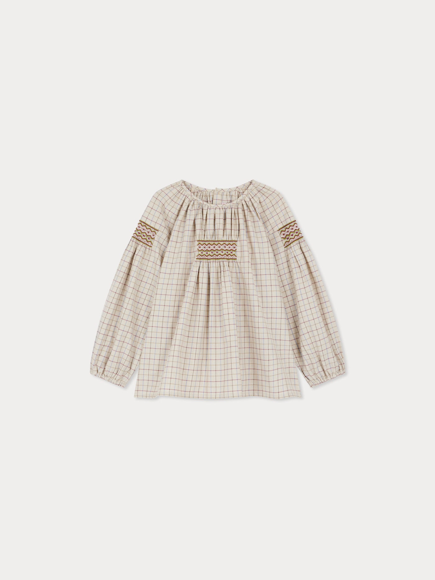 Poldie smocked and embroidered plaid blouse