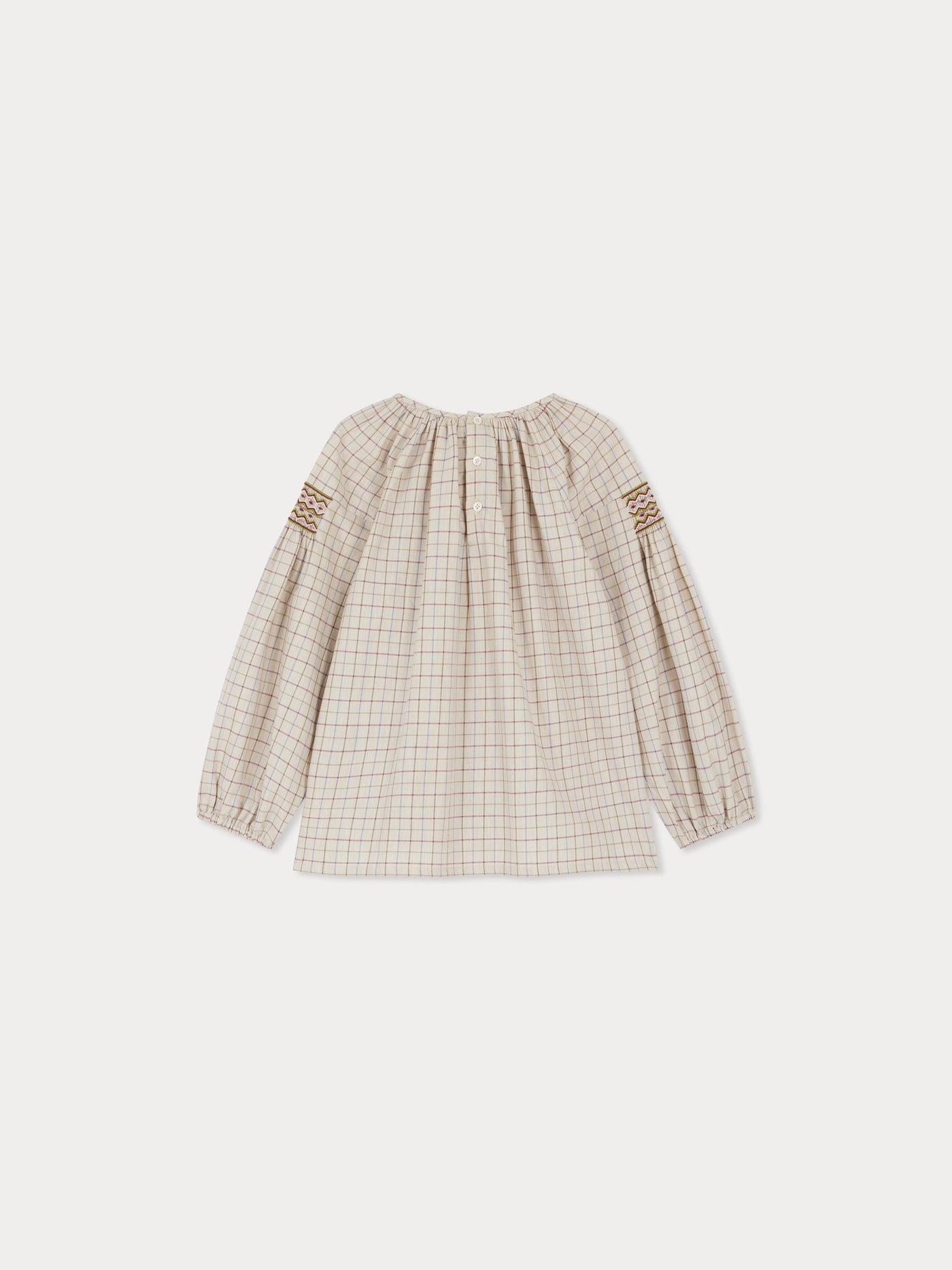 Poldie smocked and embroidered plaid blouse