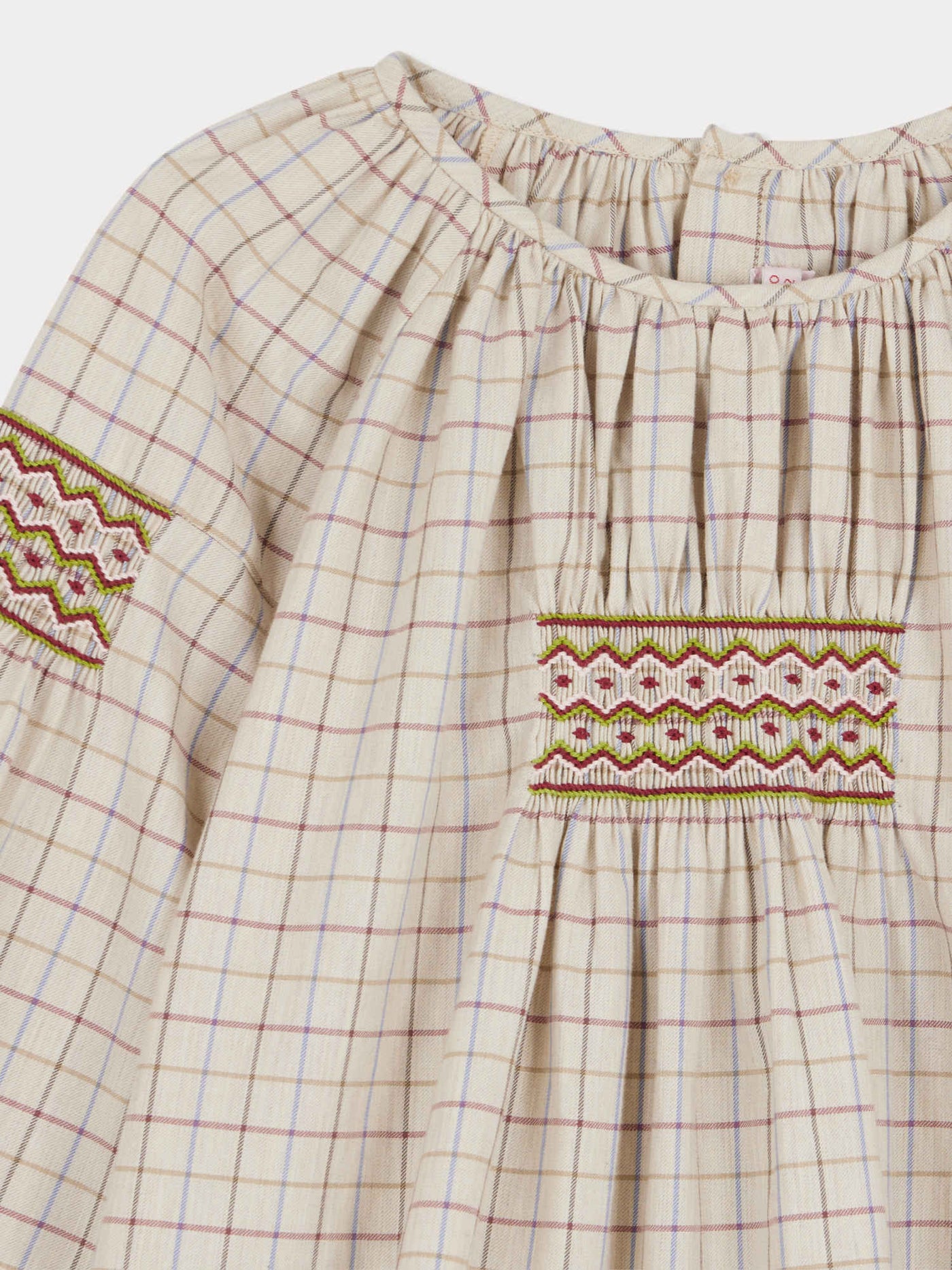 Poldie smocked and embroidered plaid blouse