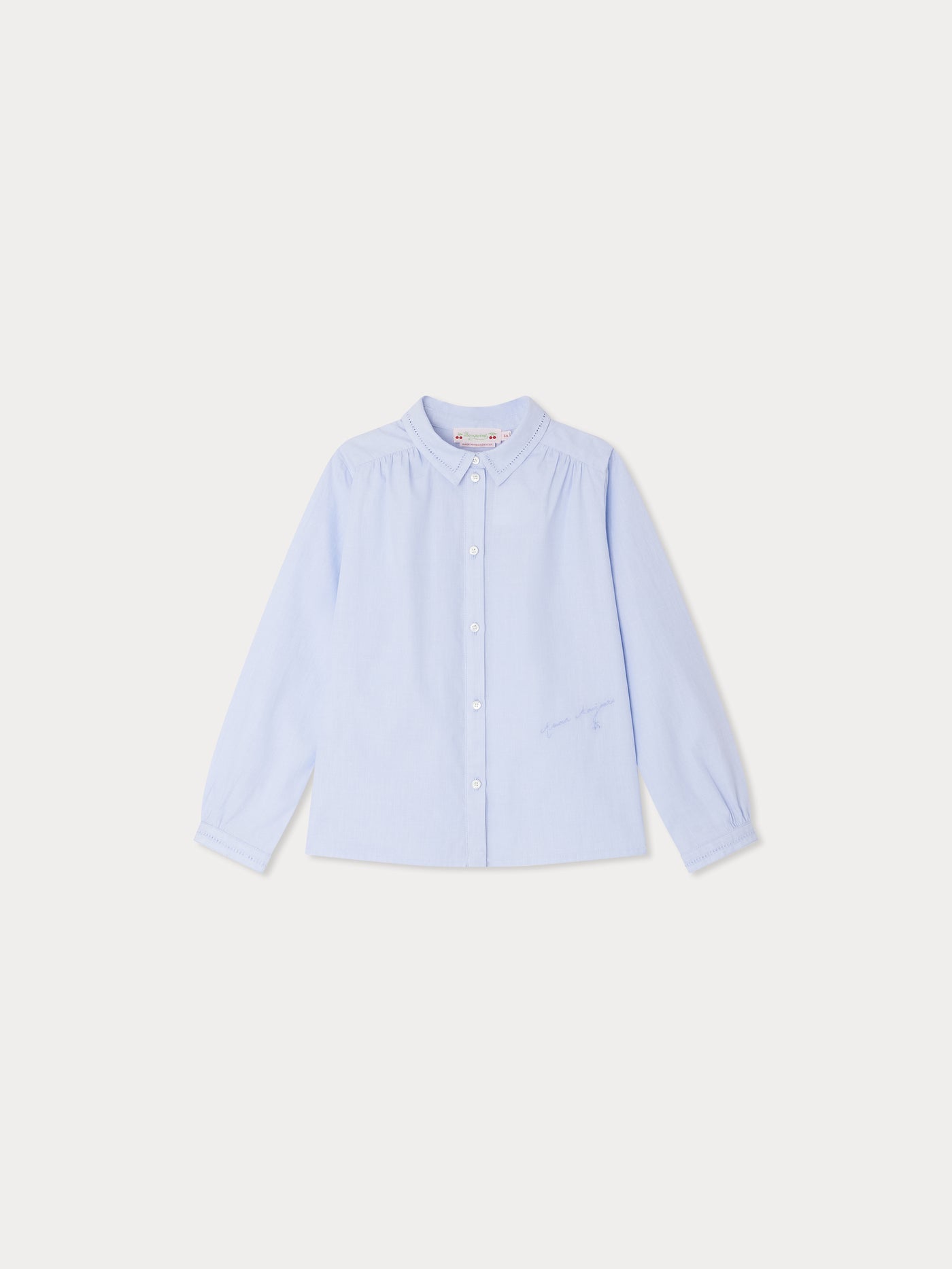 Basiline blouse with "Amour Toujours" embroidery in blue thread-on-thread