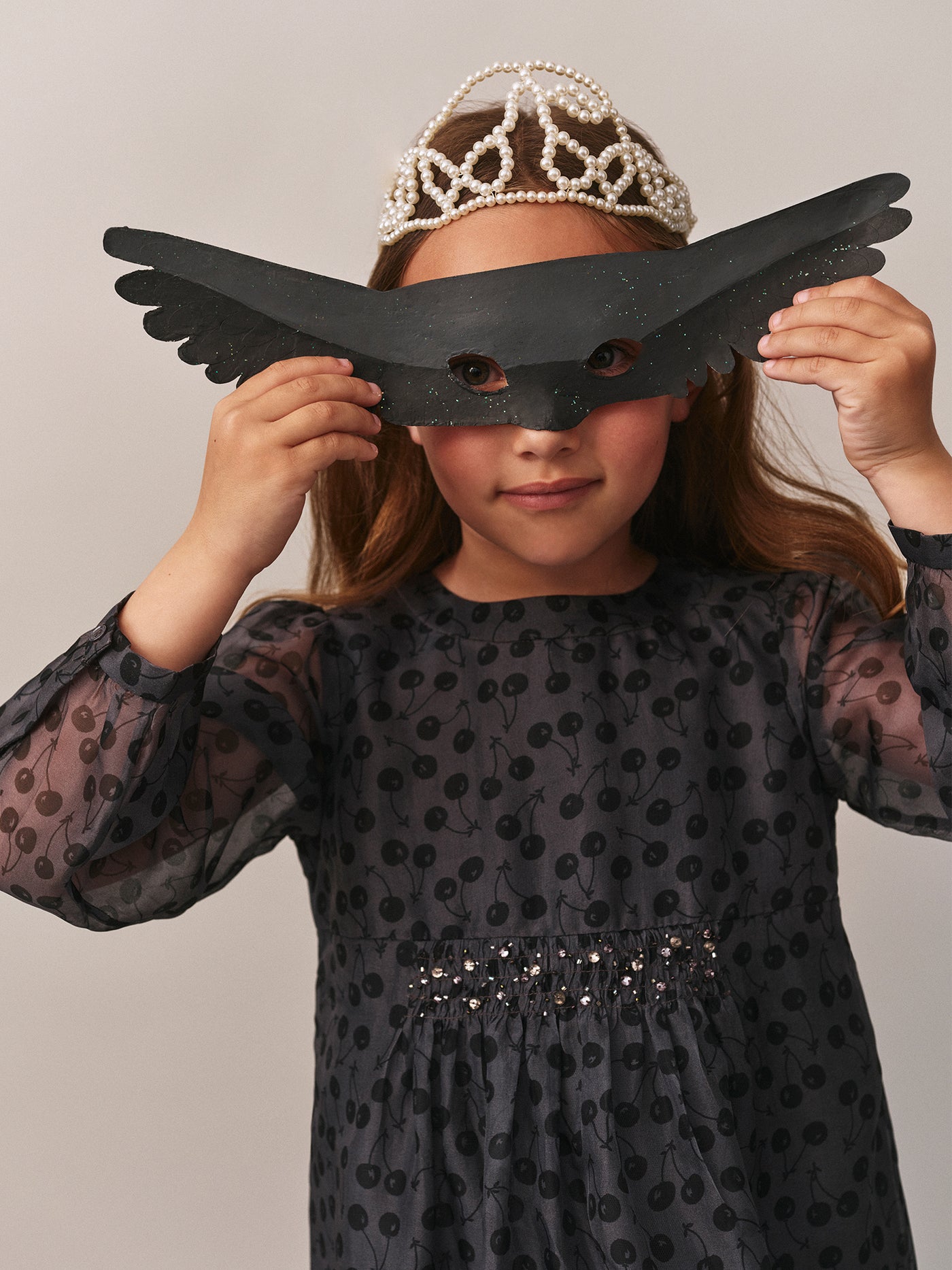 Junia smocked dress with cherry prints hand-embroidered with silk rhinestones