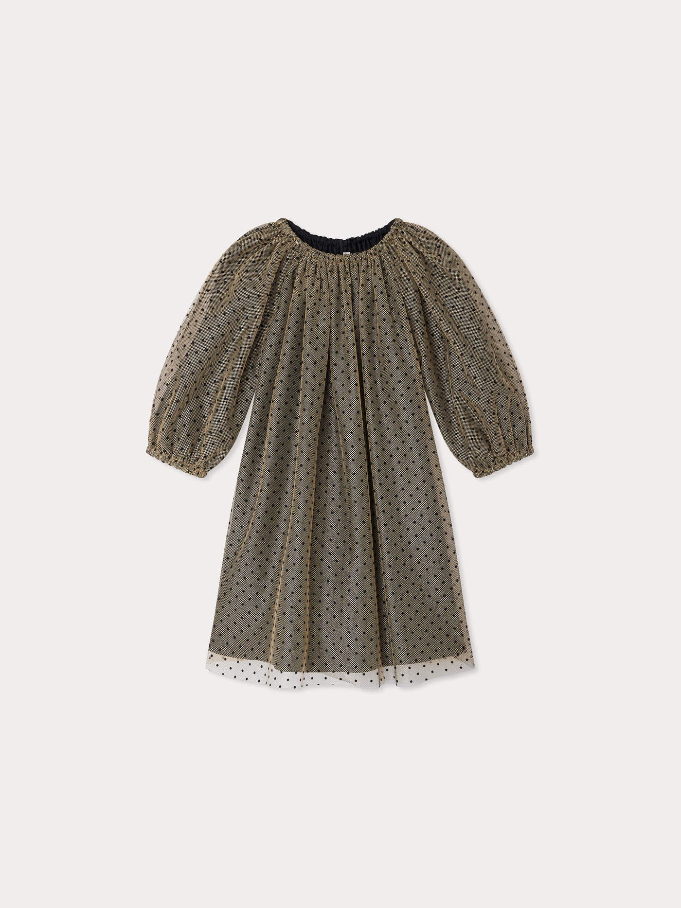 Juste dress in gold tulle with black flocked polka dots
