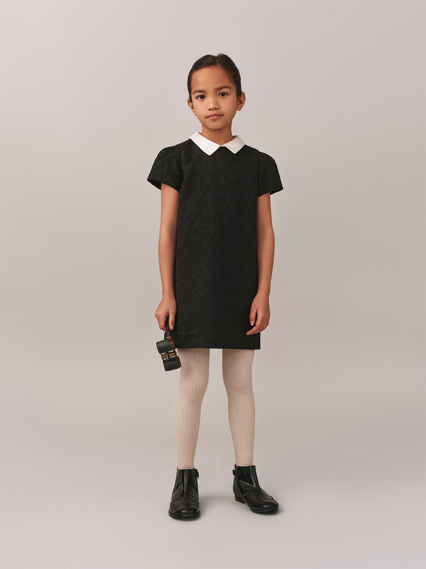 Jadey dress in heart-pattern jacquard with contrasting satin collar