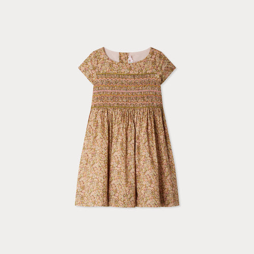 Smocked and embroidered Duchesse dress in Liberty fabric in organic cotton