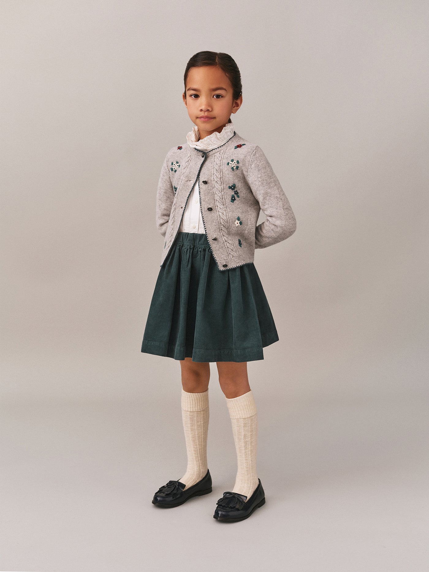 Suzon skirt with elasticated waist in green organic cotton velvet