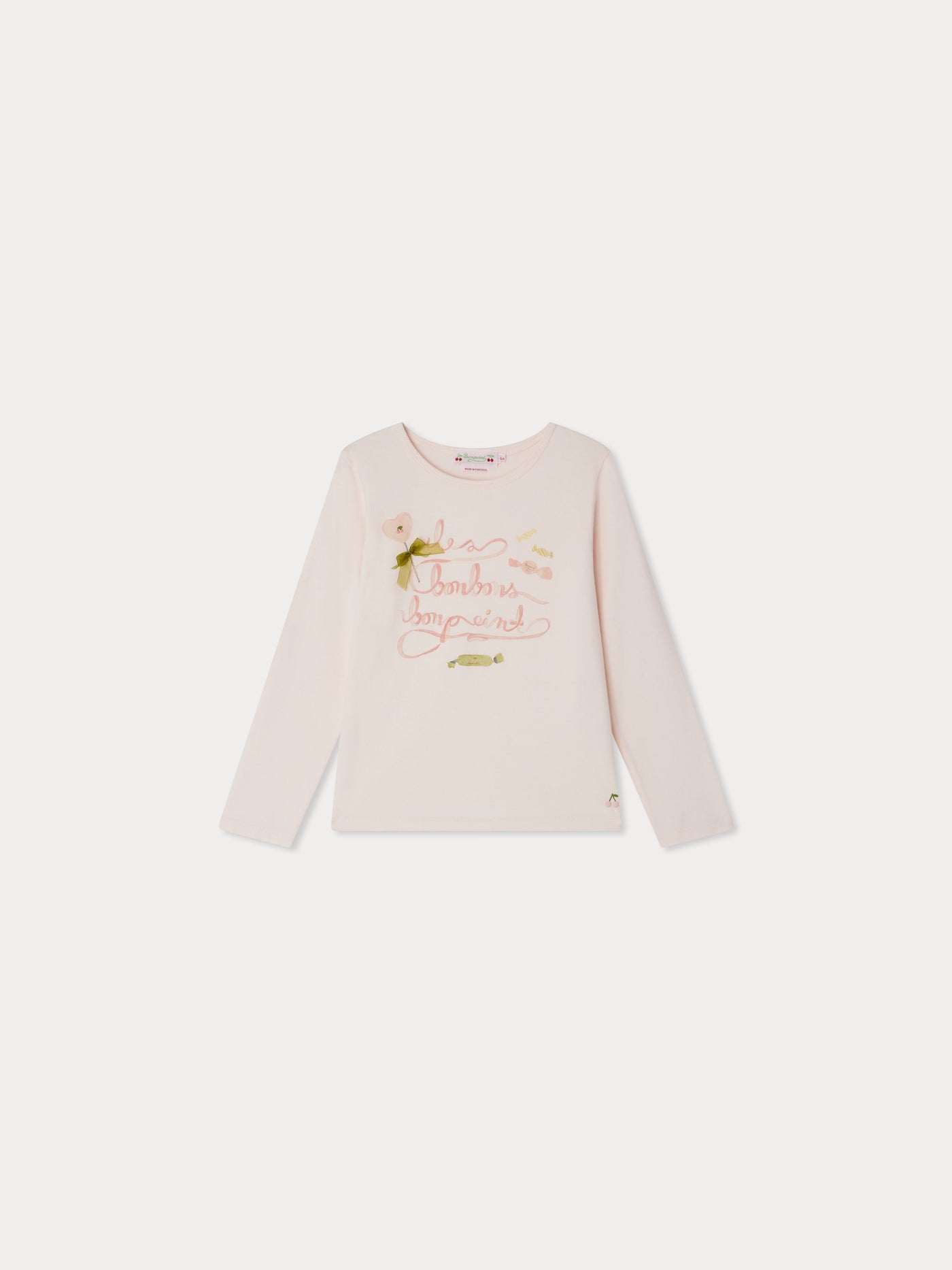 Tidjiane pink Bonbon print t-shirt with ribbon and embroidered cherry in organic cotton