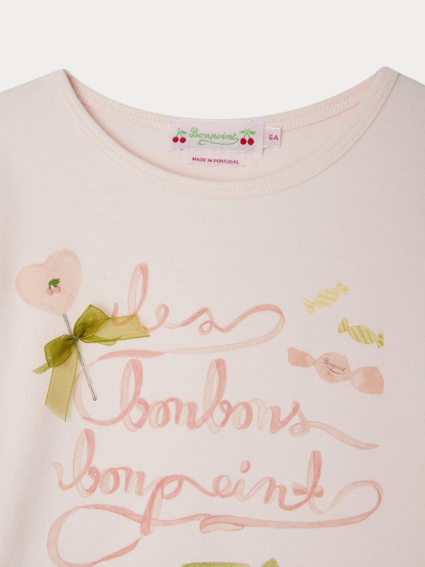 Tidjiane pink Bonbon print t-shirt with ribbon and embroidered cherry in organic cotton