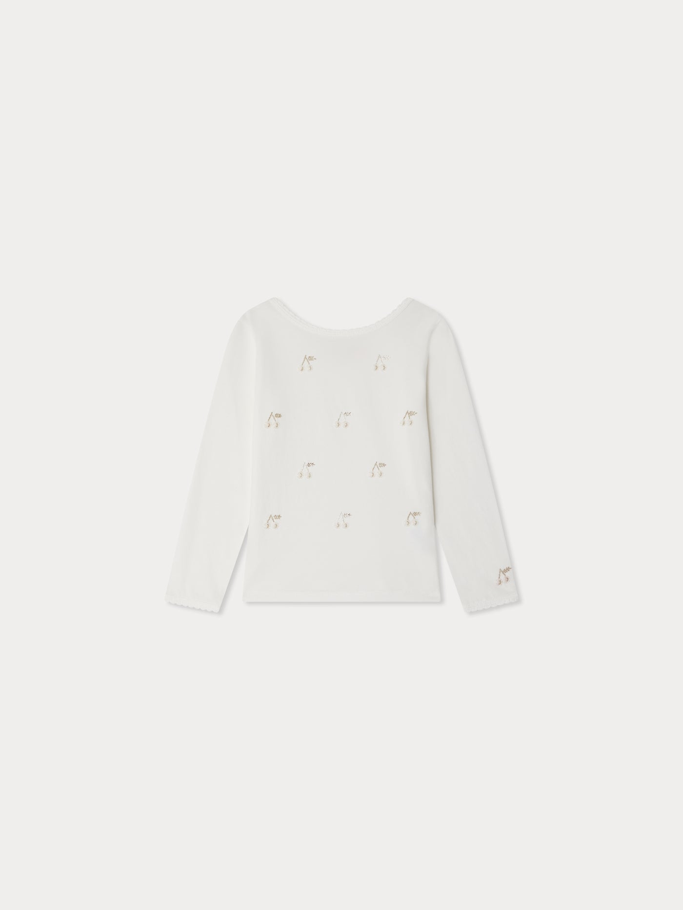 Jibou T-shirt embroidered with golden cherry beads in organic cotton