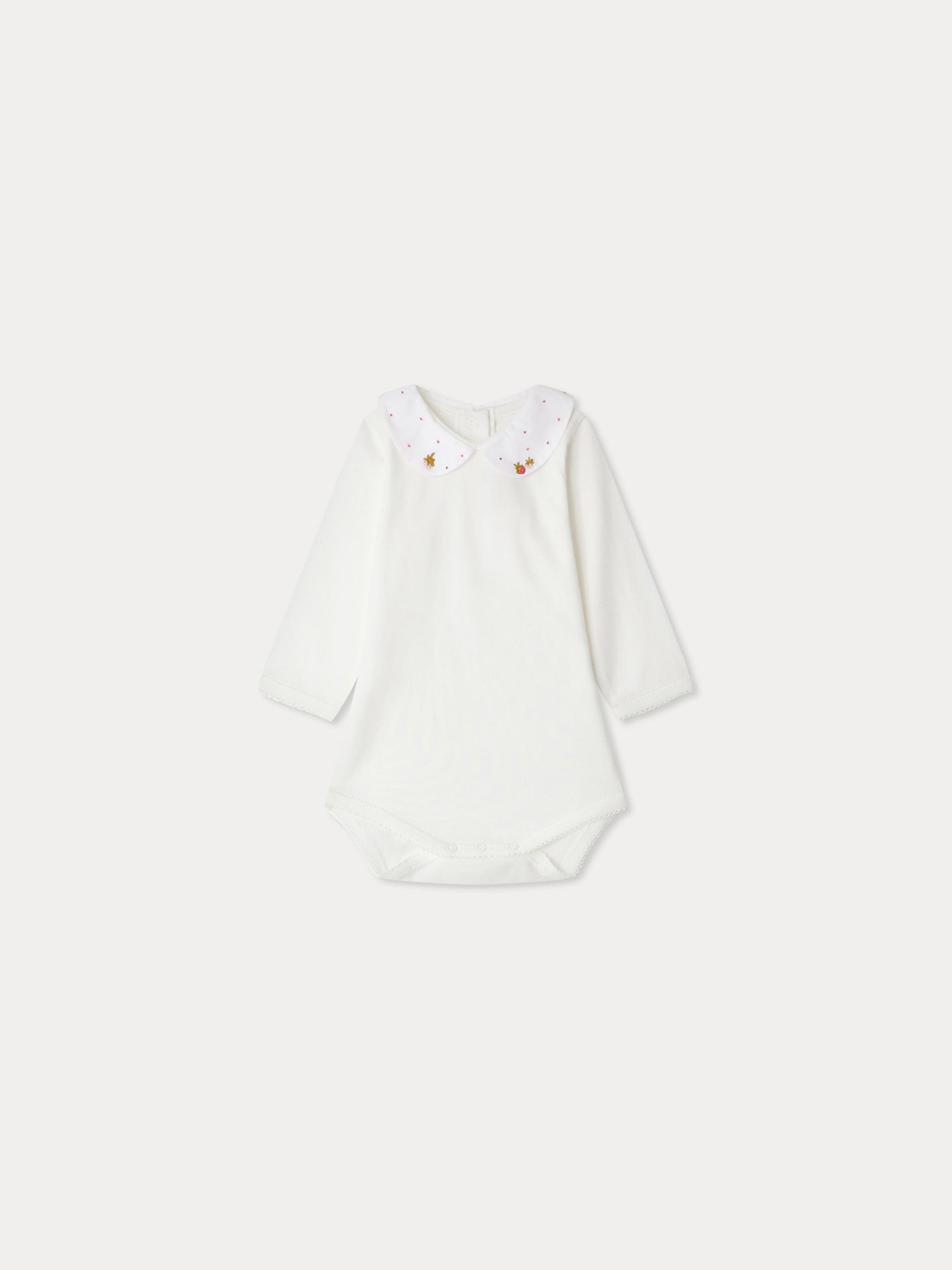Swan bodysuit with strawberry embroidered collar in organic cotton