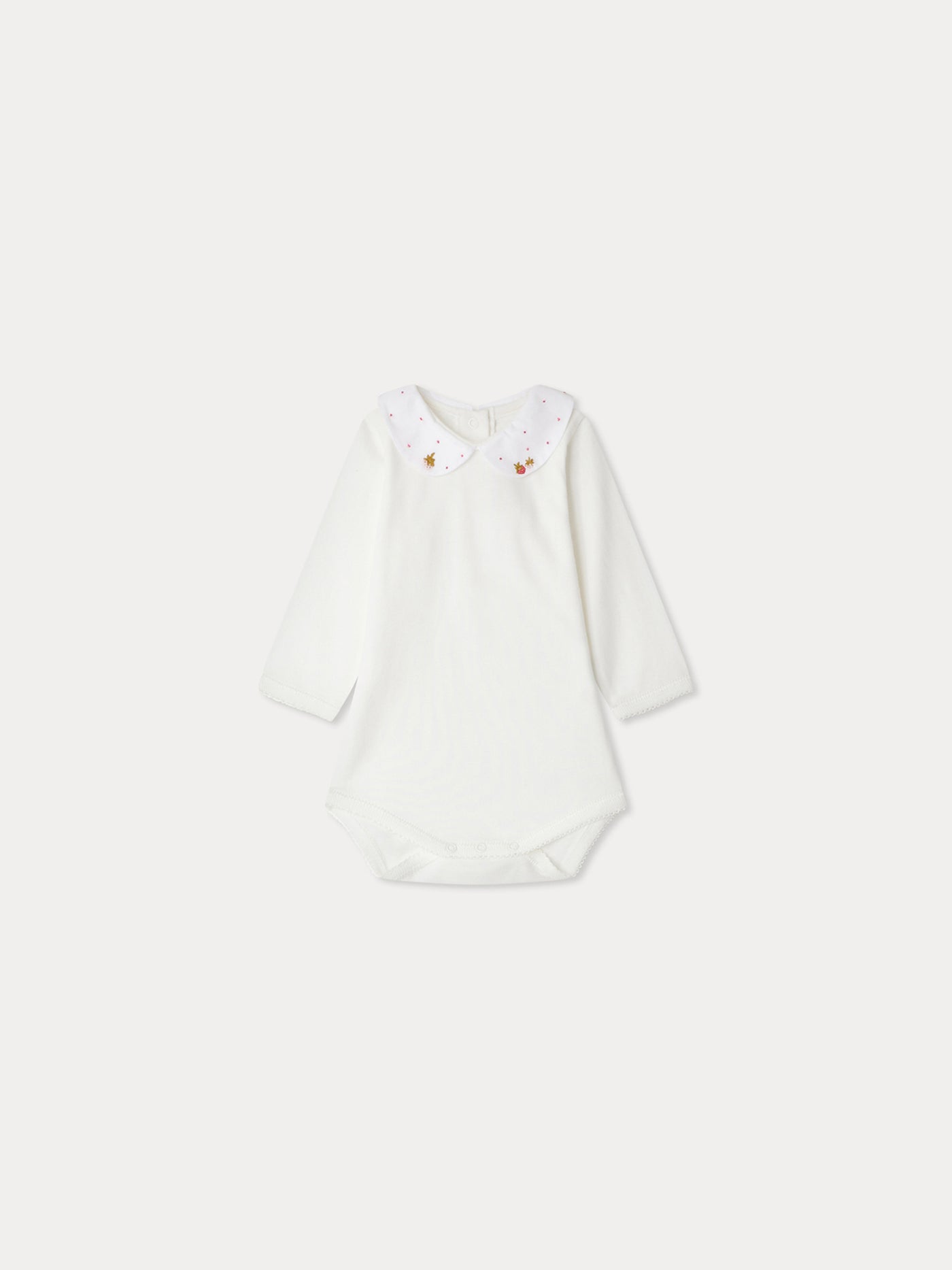 Swan bodysuit with strawberry embroidered collar in organic cotton