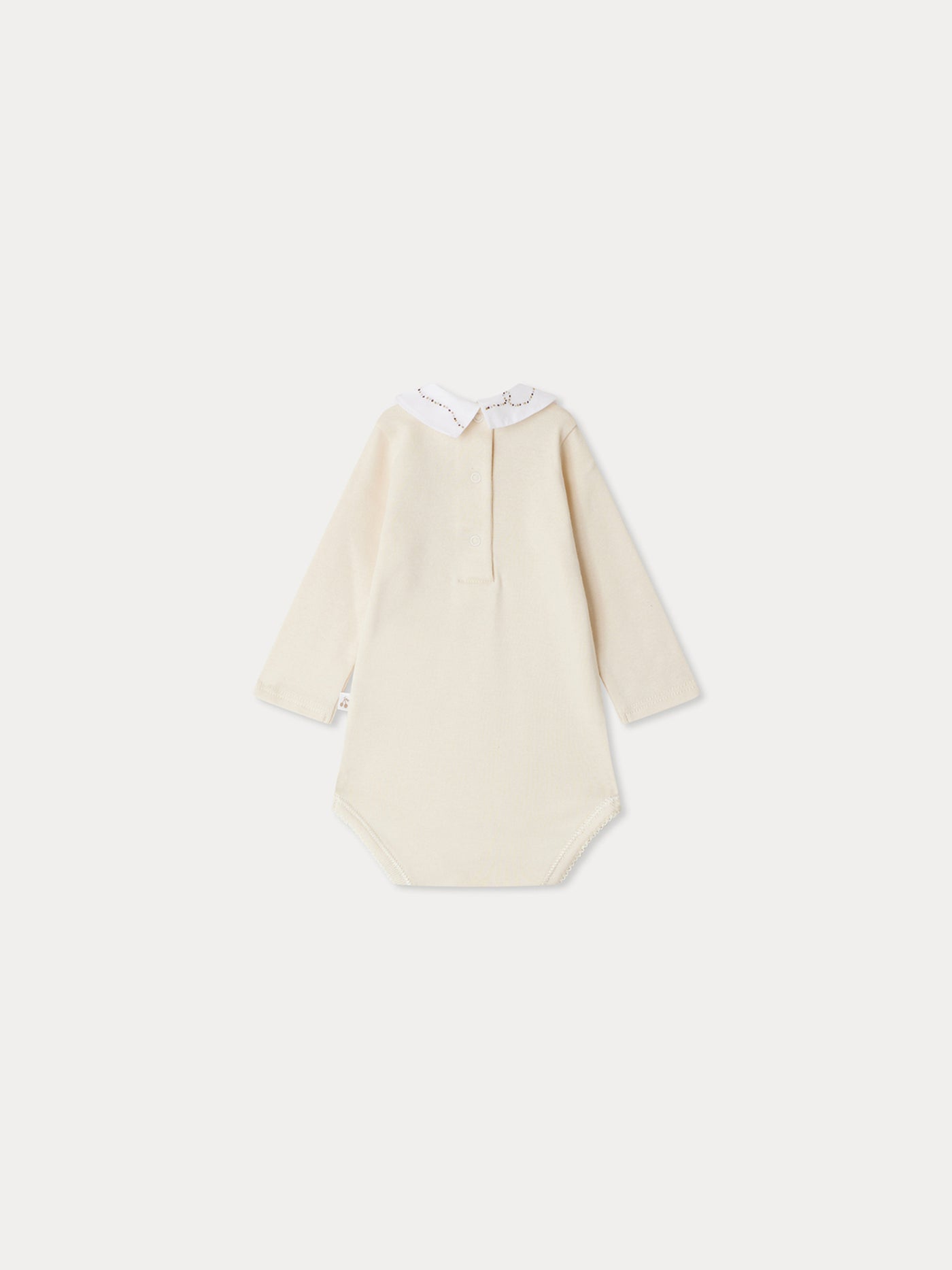 September bodysuit with homemade embroidered collar in organic cotton