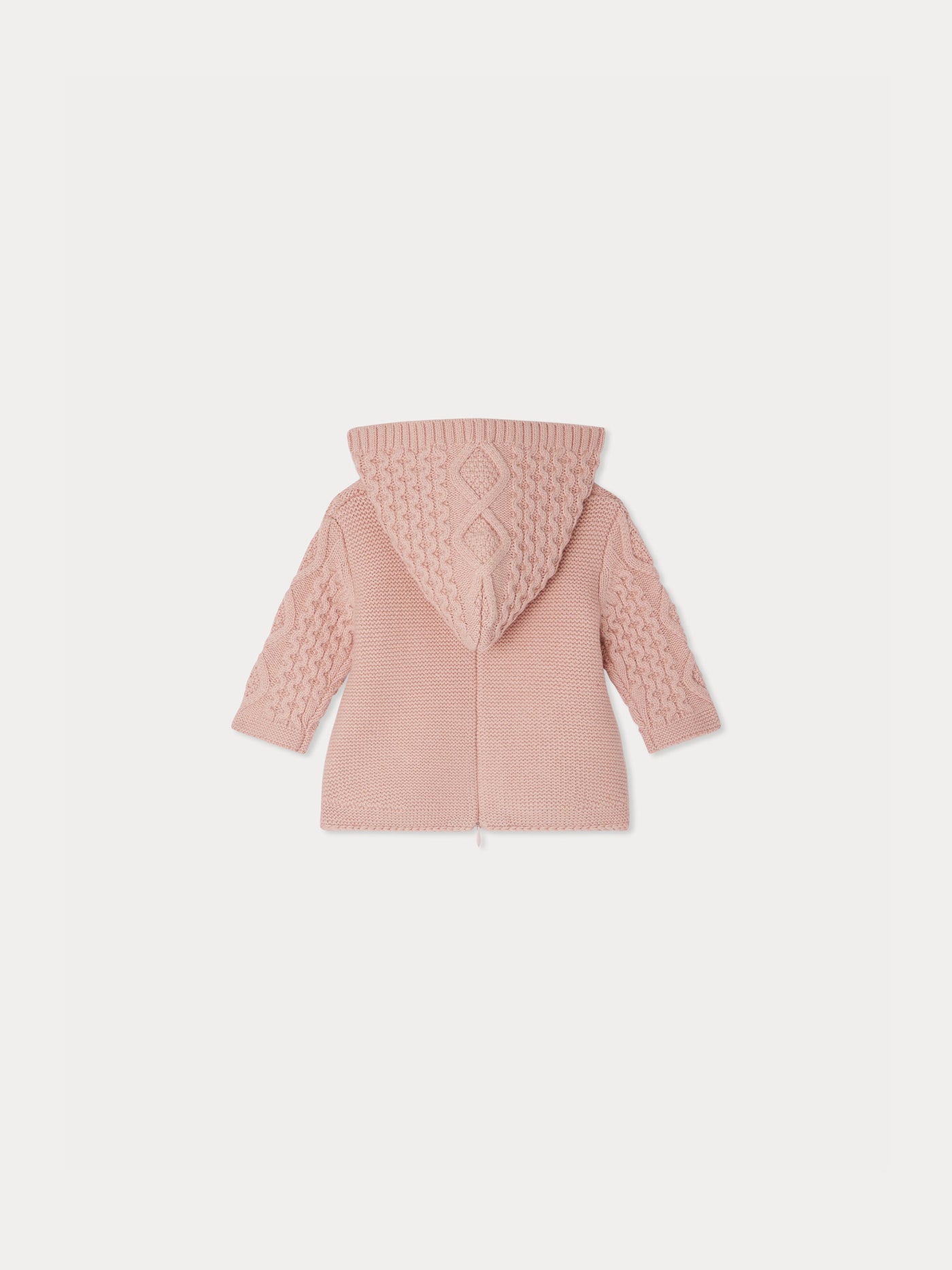 Burnou Tainy hooded jacket with a fancy pink wool knit