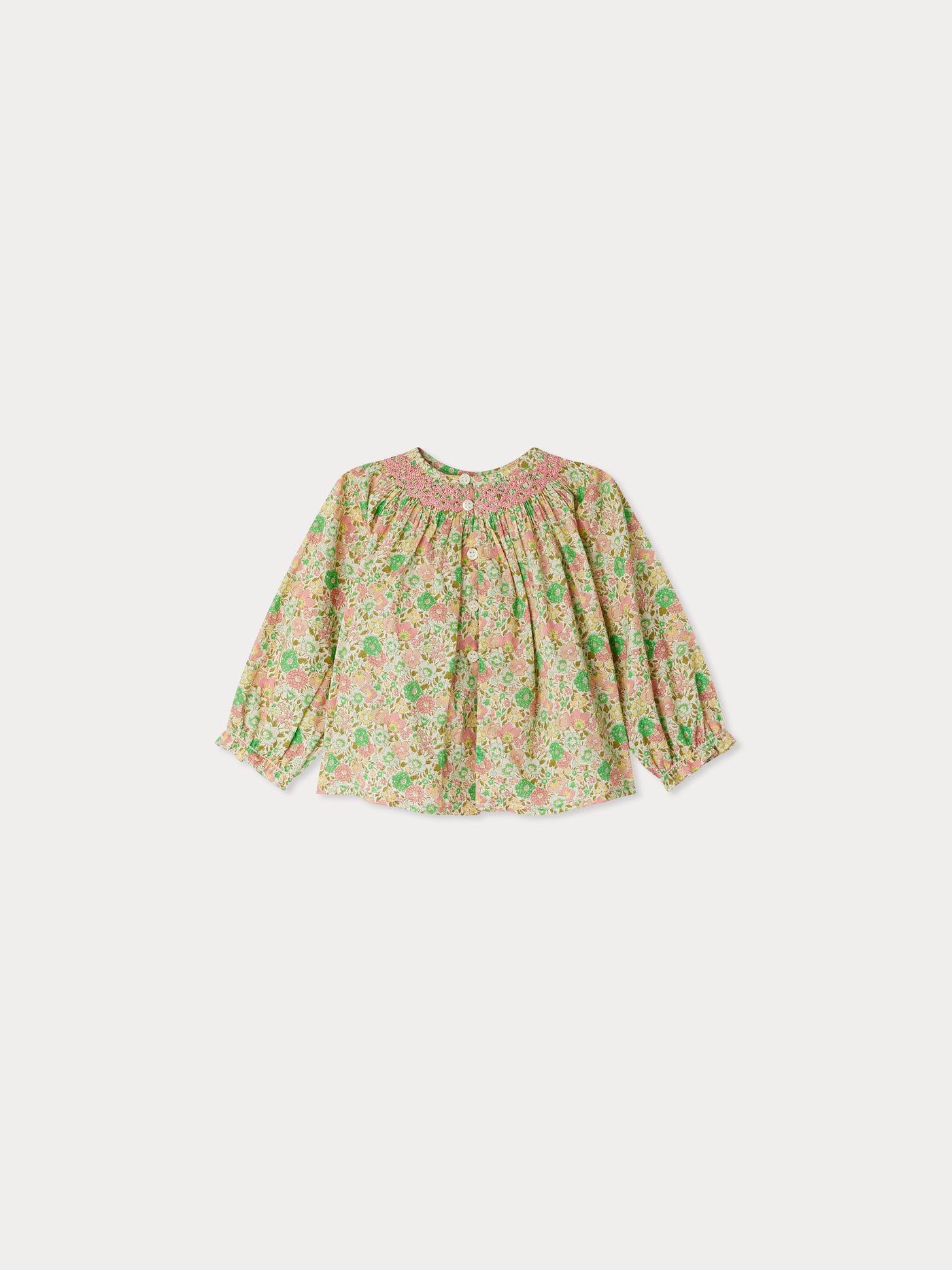 Griotte blouse smocked and embroidered in Liberty fabric in organic cotton