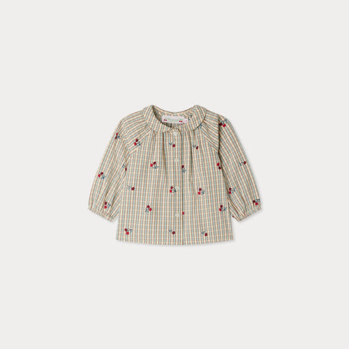Domino plaid blouse embroidered with cherries in organic cotton