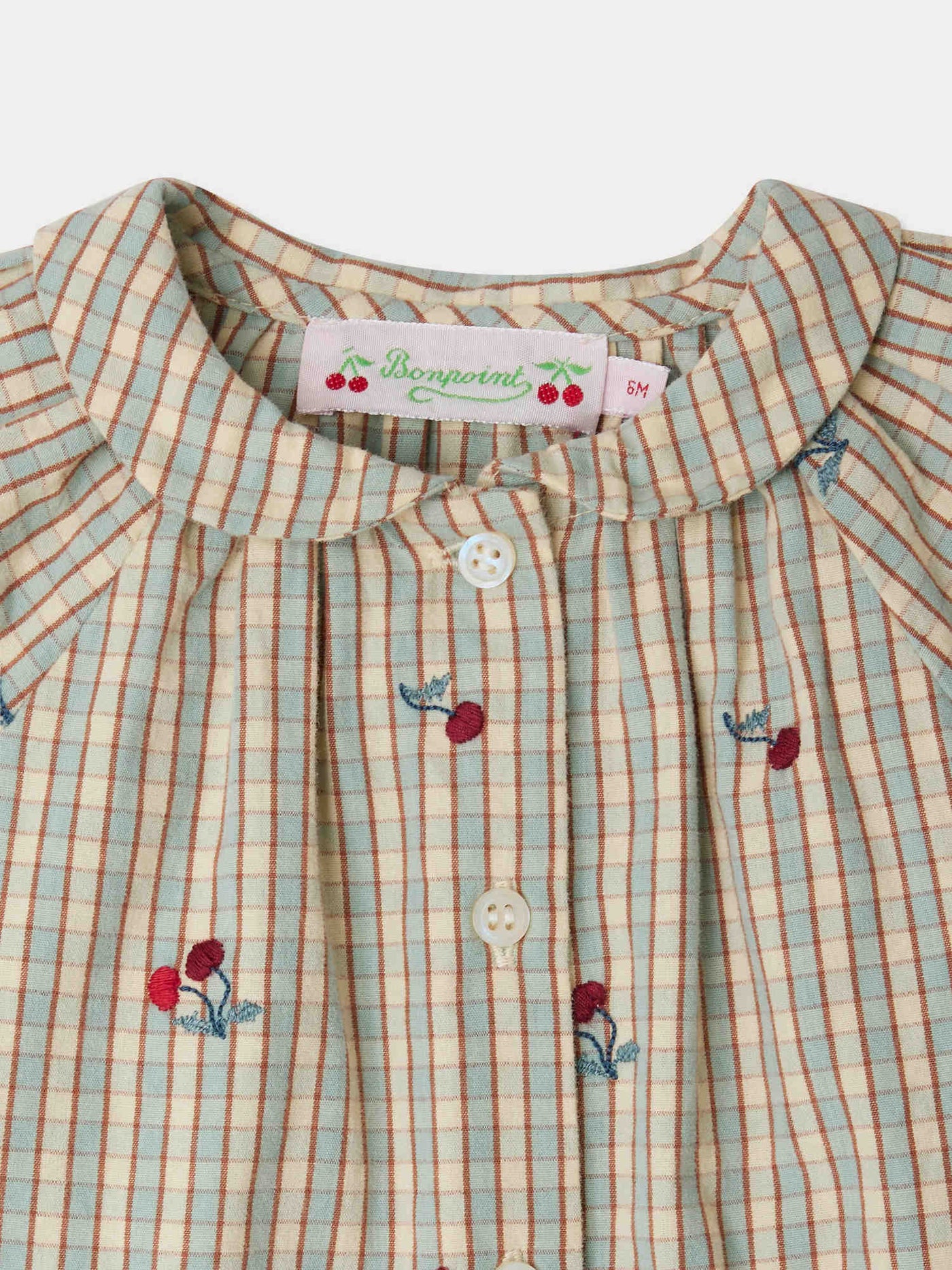 Domino plaid blouse embroidered with cherries in organic cotton