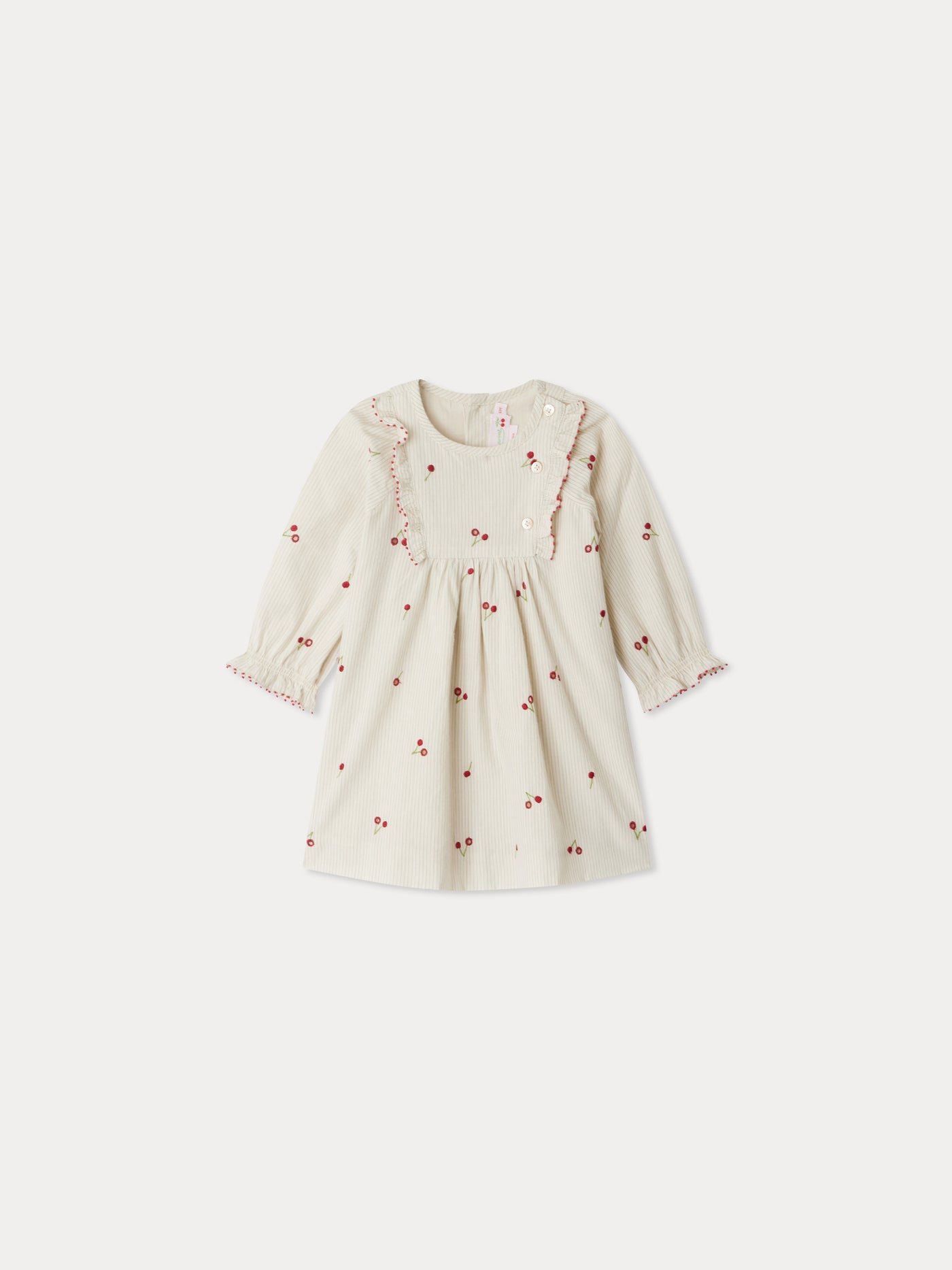 Taelia dress in striped organic cotton with cherry embroidery