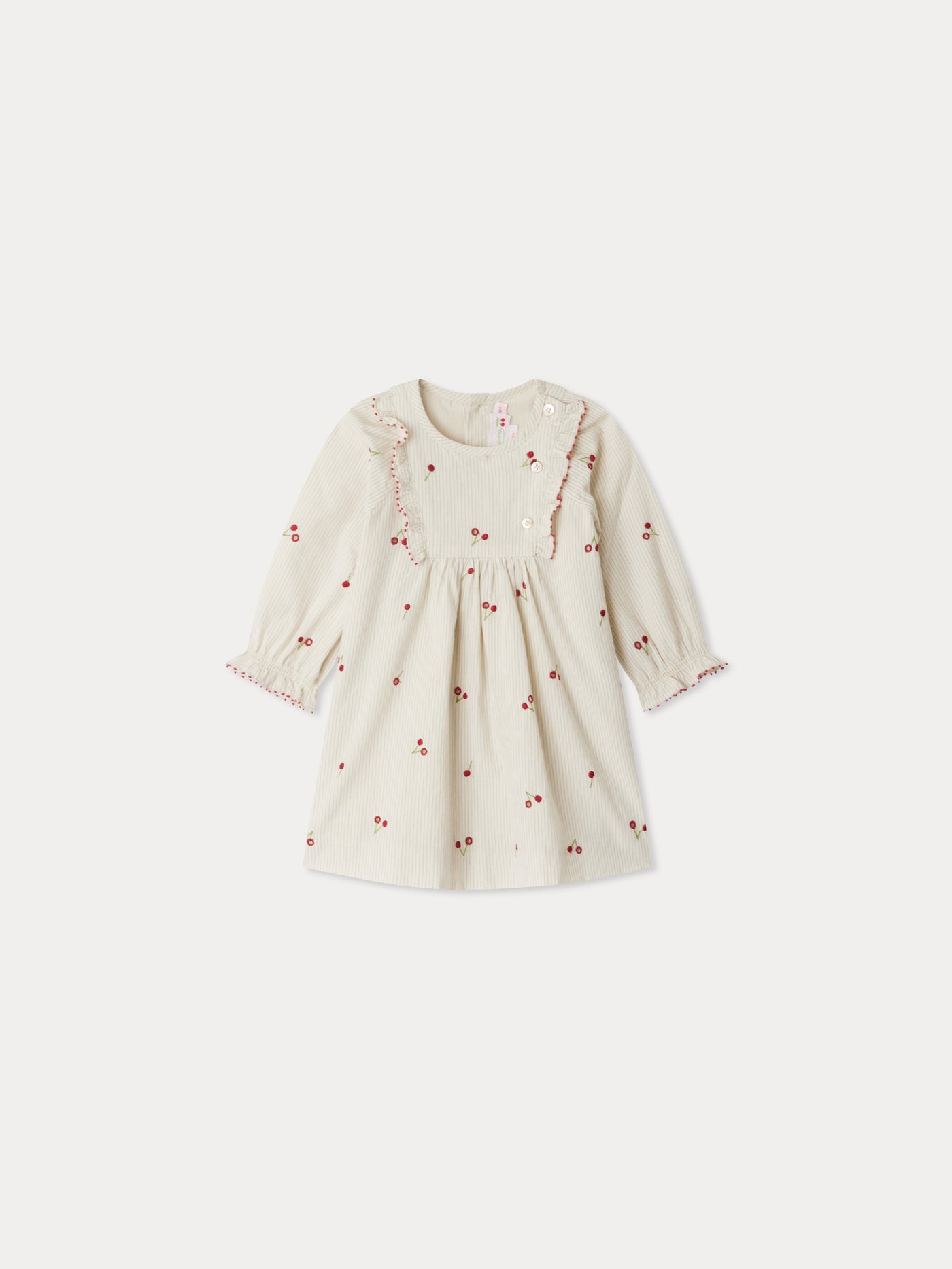 Taelia dress in striped organic cotton with cherry embroidery