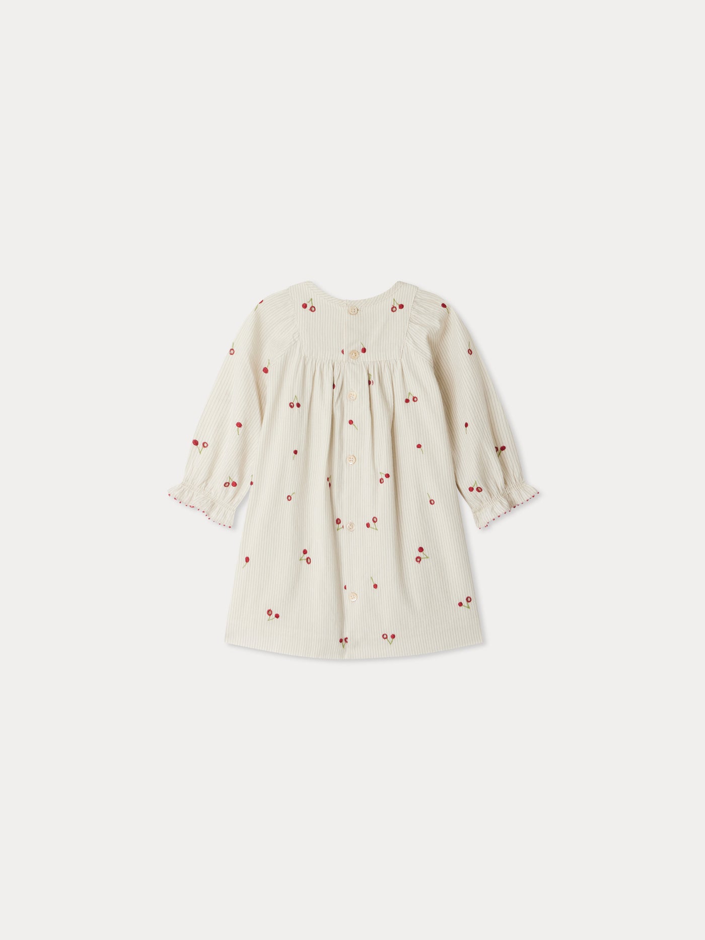 Taelia dress in striped organic cotton with cherry embroidery