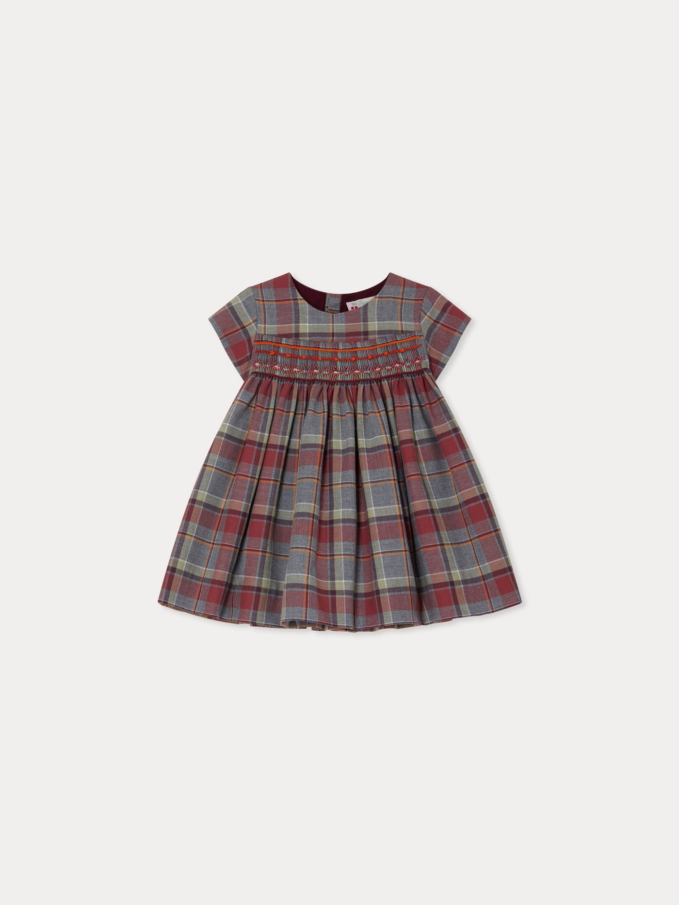 Marushka smocked and embroidered dress in burgundy checks