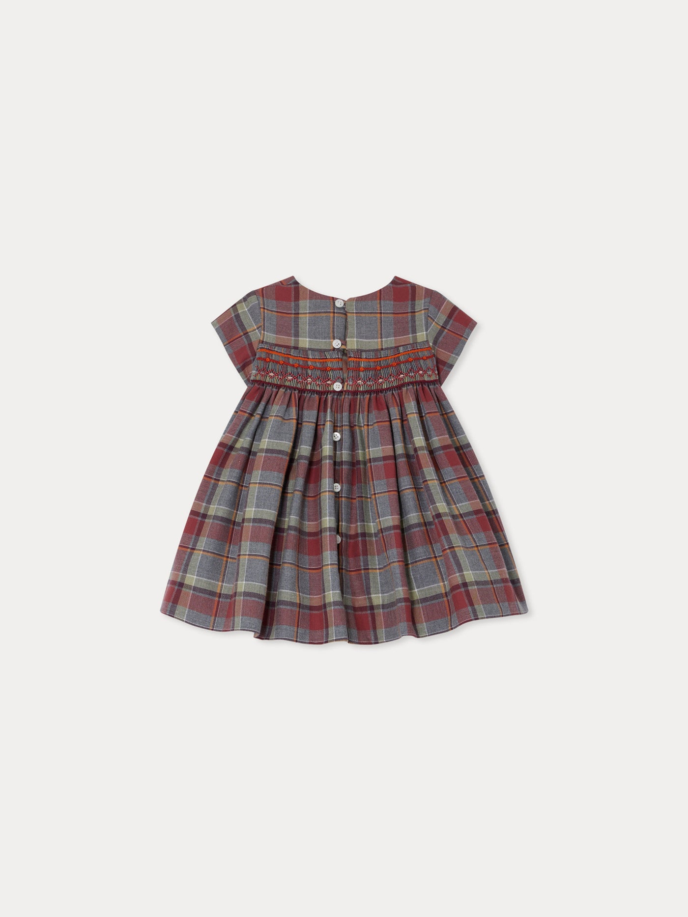 Marushka smocked and embroidered dress in burgundy checks