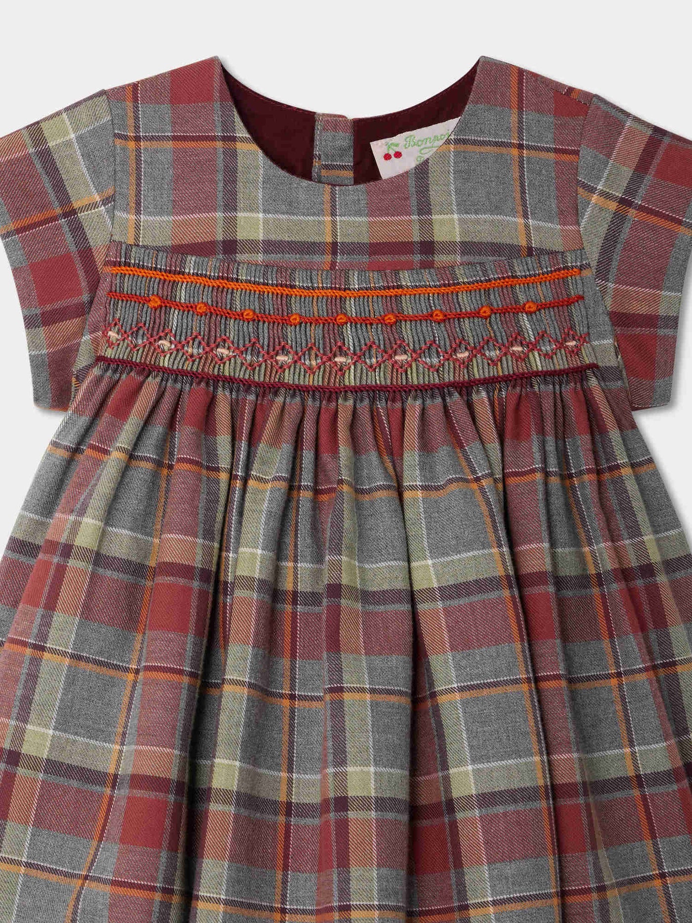 Marushka smocked and embroidered dress in burgundy checks