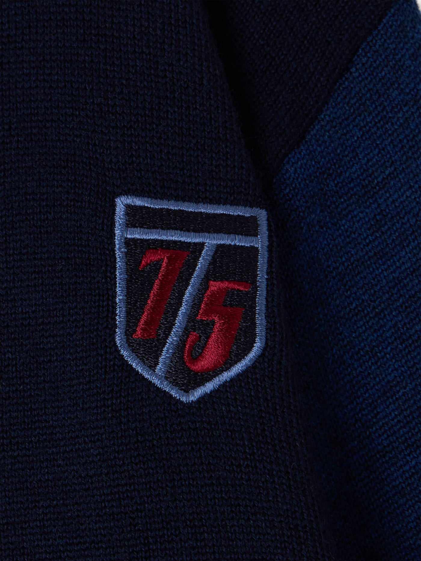 Julian V-neck cardigan with embroidered badge in wool