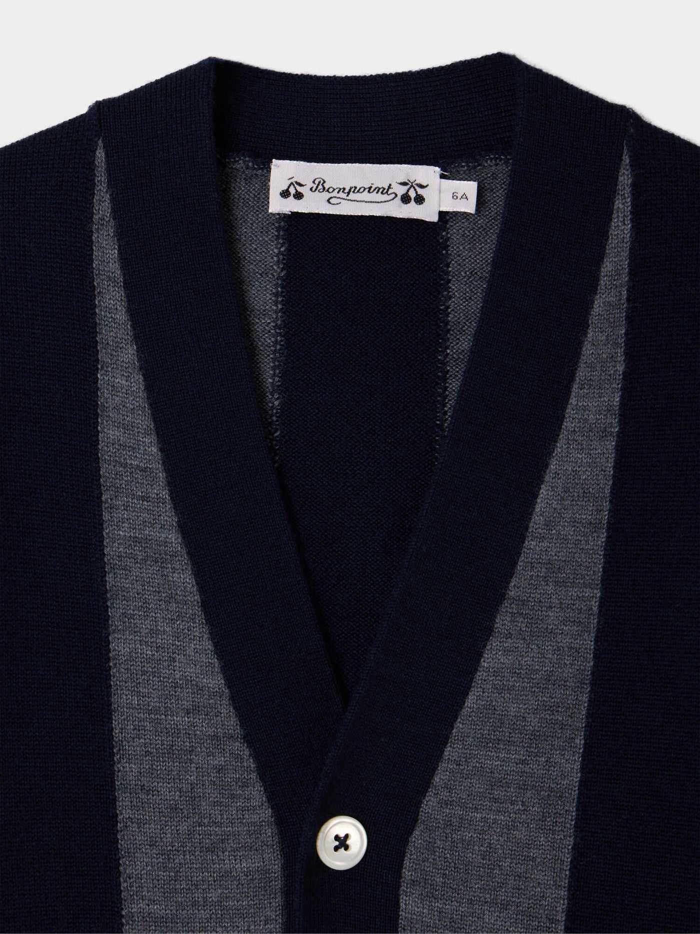 Mandel V-neck cardigan with grey stripes in wool