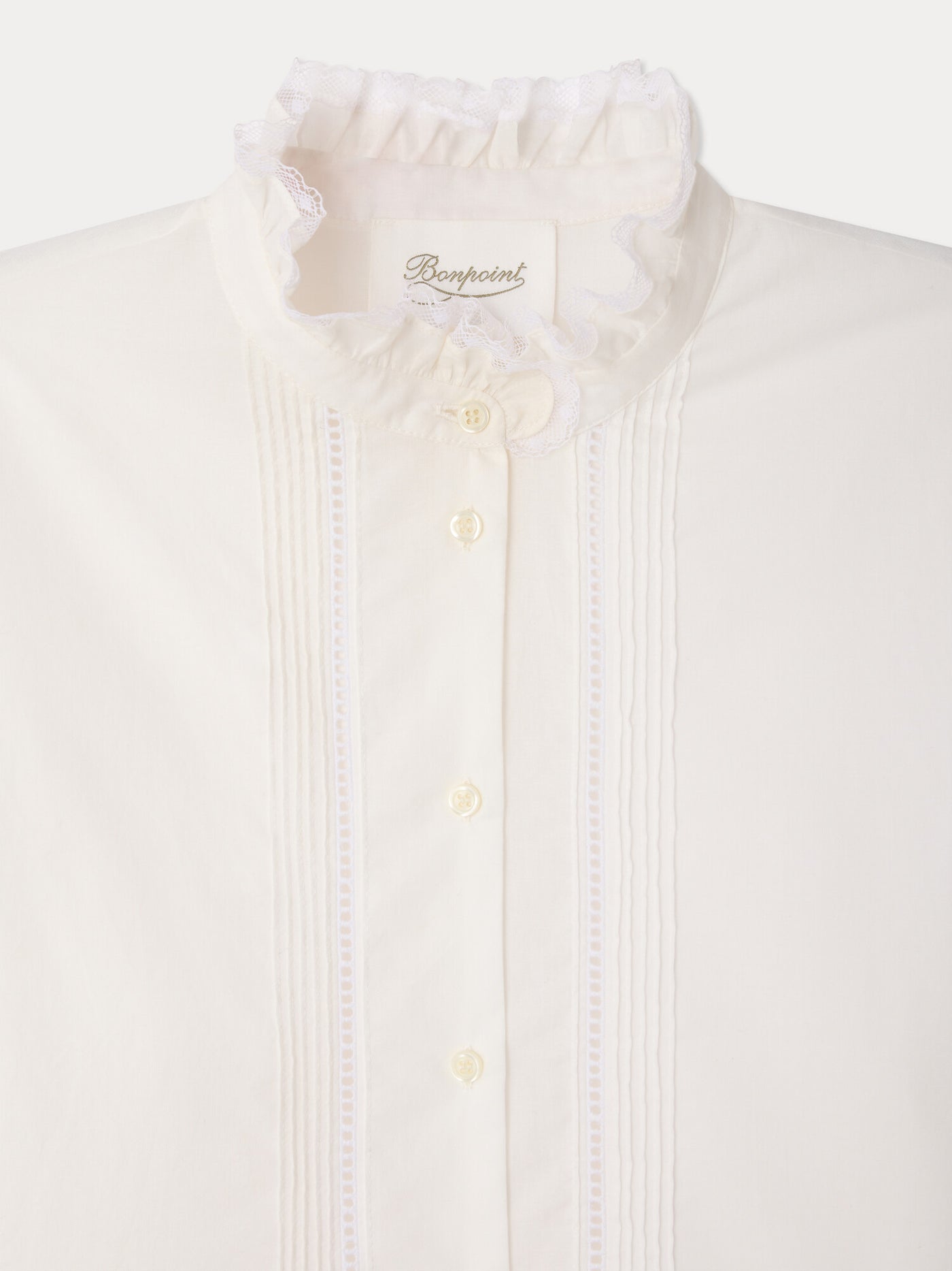 Melba Grown-Up blouse with ruffled collar and Calais lace in organic cotton