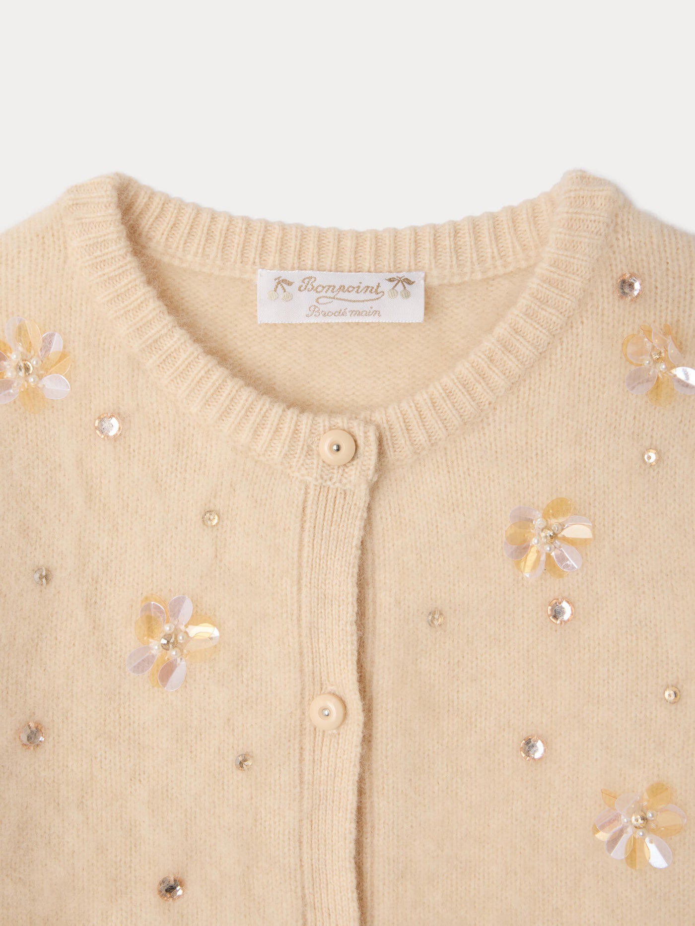 Méline cardigan with hand-embroidered flowers and rhinestones in wool