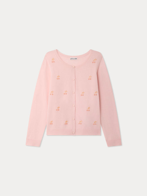 Marisha Grown-Up pink cashmere cardigan with hand-embroidered cherries and pearls