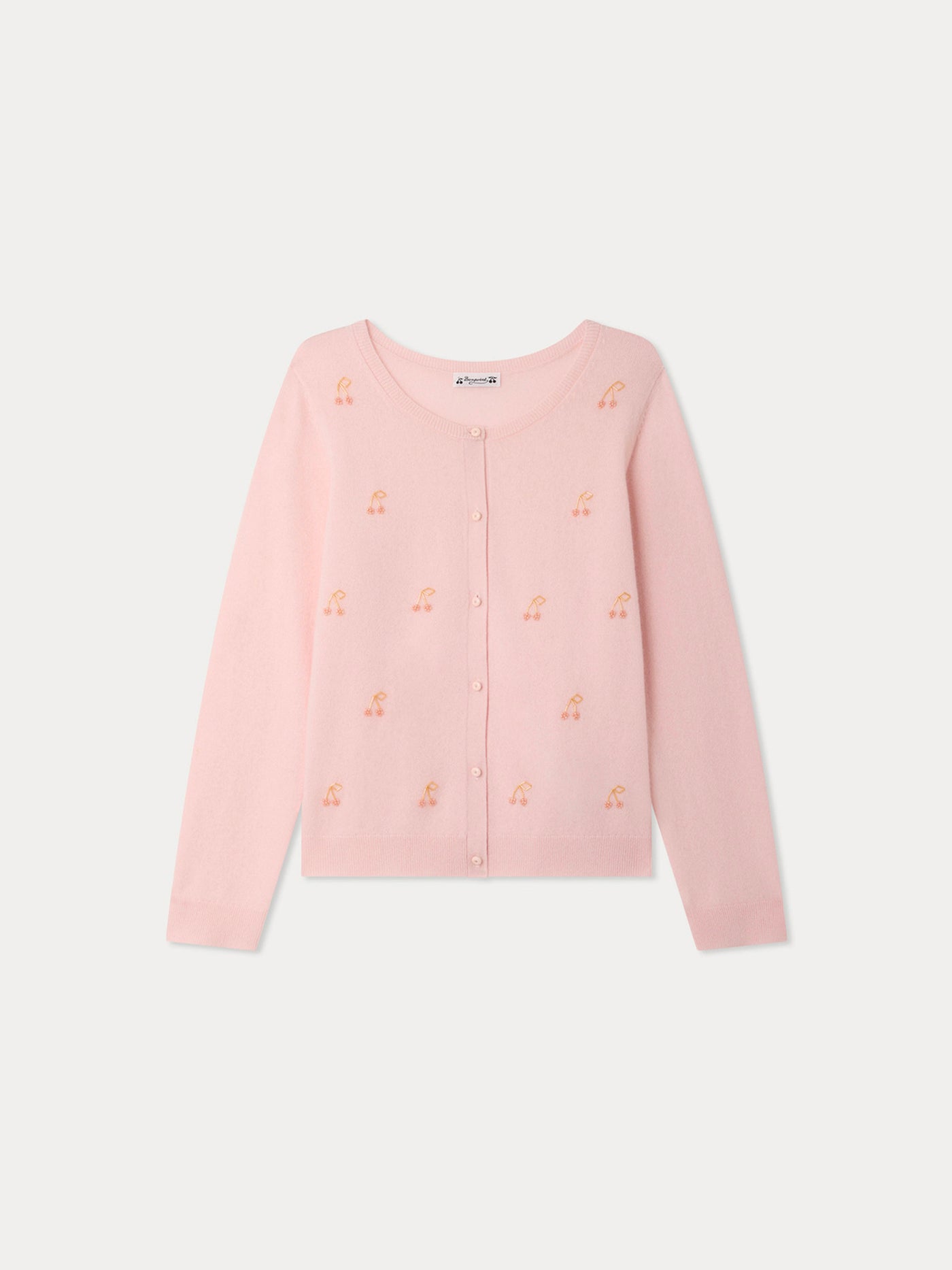 Marisha Grown-Up pink cashmere cardigan with hand-embroidered cherries and pearls